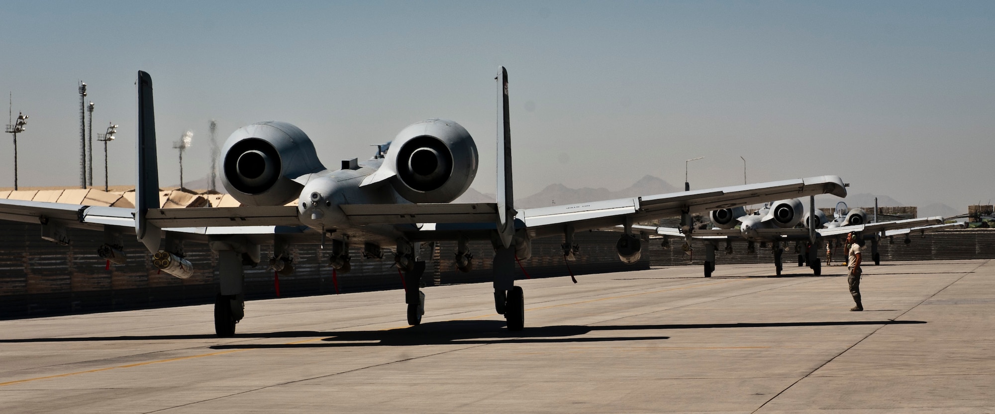 Several U.S. Air Force A-10 Thunderbolt IIs taxi prior to a mission at Bagram Airfield, Afghanistan, June 30, 2012. Bagram’s A-10s fly daily to provide constant close-air support to NATO and Afghan ground forces operating in Afghanistan.  (U.S. Air Force photo/Capt. Raymond Geoffroy)