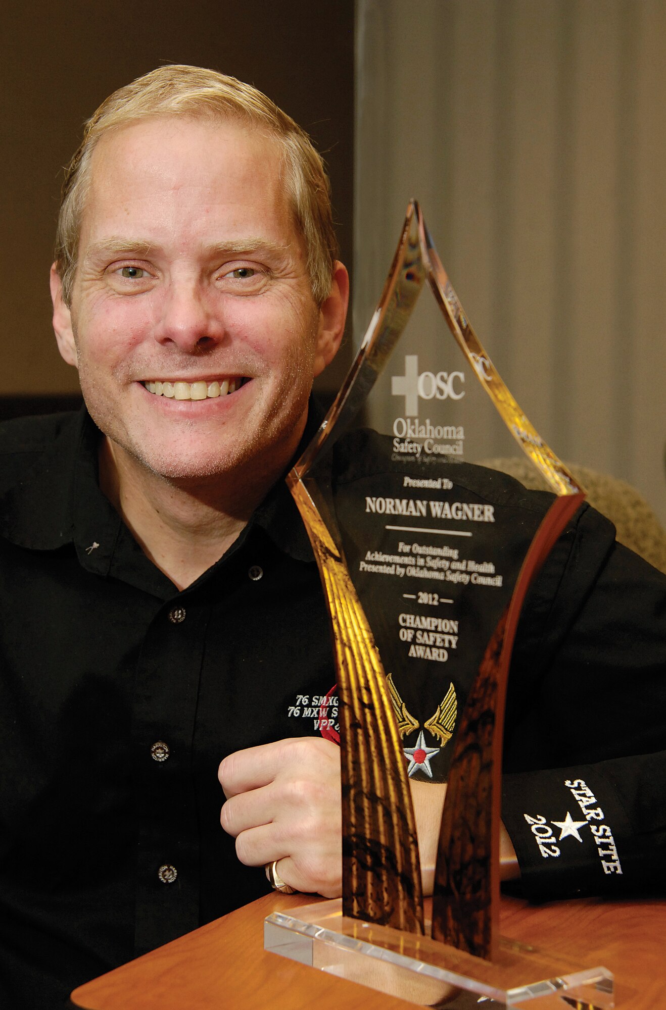 Norman Wagner was stunned to learn his passion for safety had earned him the first Oklahoma Safety Council ‘Champion of Safety’ award. (Air Force photo by Margo Wright)