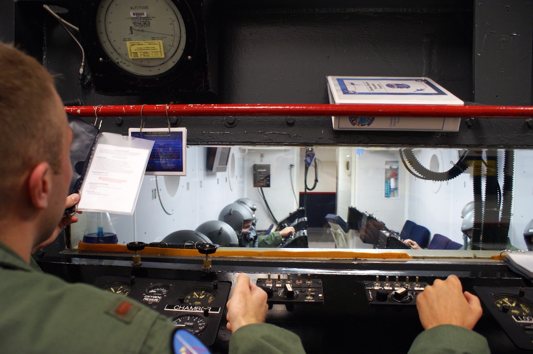 Euro-NATO Joint Jet Pilot Training students undergo an altitude chamber flight Jun 8, 2012 at Sheppard Air Force Base, Texas.  Undergraduate Pilot Training students receive 50 hours of physiological training over the first year of training and all pilots and aircrew are required to take refresher training every five years, to include exposure to hypoxia symptoms. (U.S. Air Force photo/Dan Hawkins)
