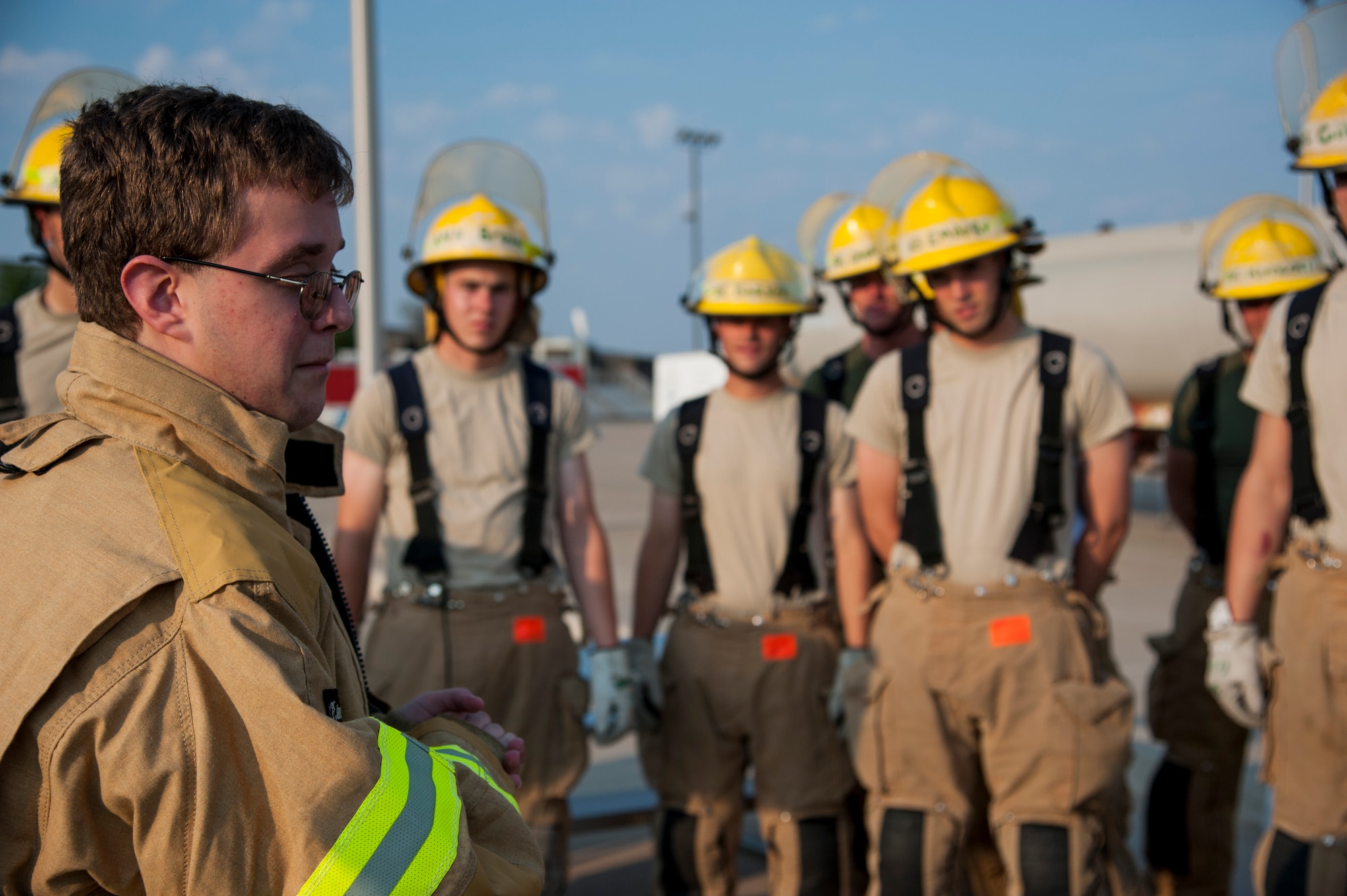 GOODFELLOW AIR FORCE BASE, Texas-- Maxwell “Trey” Pons III, Honorary Air Force firefighter, thanks and encourages students at the Louis F. Garland DOD Fire Academy June 28. Pons, who is autistic, sight impaired and hearing-impaired, had his childhood dream come true after a day filled with learning at the Fire Academy. (U.S. Air Force photo/Airman 1st Class Michael Smith)