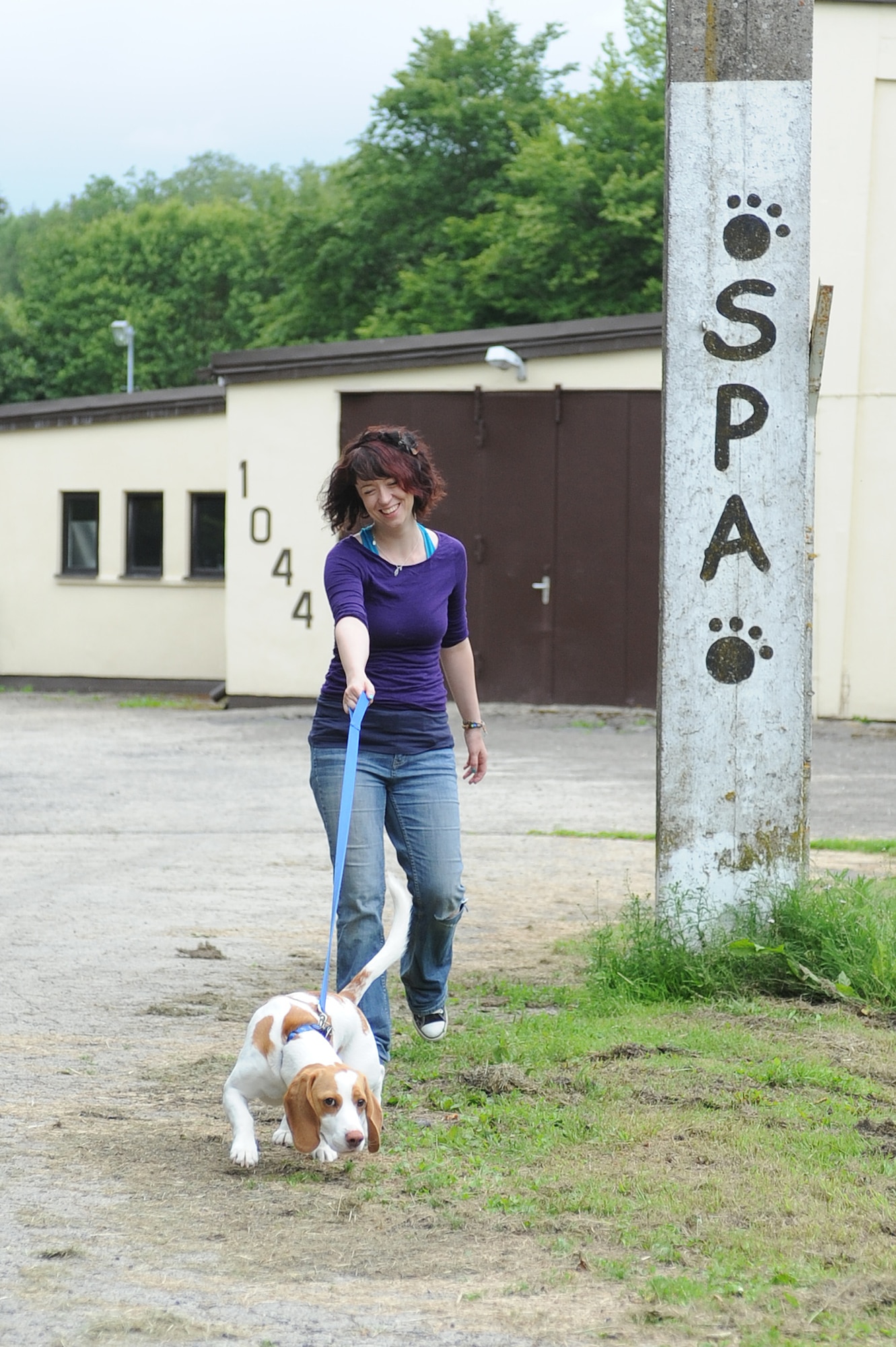 Oberweis, Germany -- Camille Henry, 52nd Force Support Squadron Pet Spa assistant manager, takes Buster, Beagle, for a walk June 28 at the pet spa here. Animal caretakers take dogs for walks twice a day. More walks can be added-on for additional fees. The pet spa has 31 dog and five cat indoor kennels, and they can also house exotic animals for base members. (U.S. Air Force photo by Senior Airman Natasha Stannard/ Released)