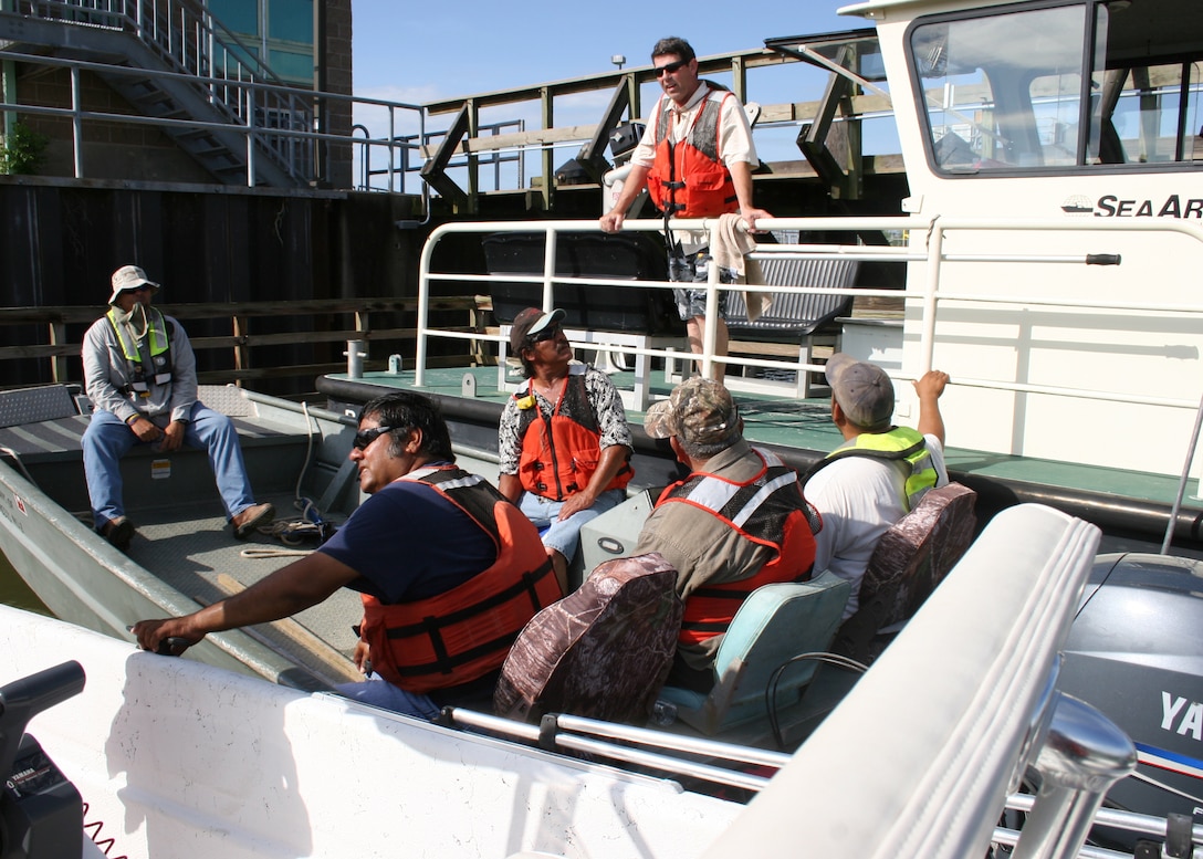 WALLISVILLE, Texas — Dennis Lanigan, U.S. Army Corps of Engineers Galveston District Floating Plant Manager (standing), is one of three instructors in charge of conducting the USACE Safety Office Boat Training Course. Two training sessions were held in June to certify or recertify 34 operators.