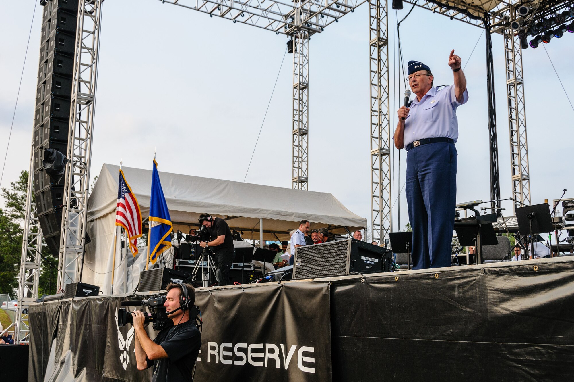 Lt. Gen. Charles E Stenner, Jr., commander of Air Force Reserve Command, addresses the crowd at the 2012 Independence Day Celebration in Warner Robins, Ga., on July 2.  Stenner was introducing the next act -- Country superstar Josh Turner. The show was recorded for broadcast on the American Forces Television Network so U.S. servicemen and women around the world could get a little taste of home on July 4. (U.S. Air Force photo/Staff Sgt. Alexi Saltekoff)