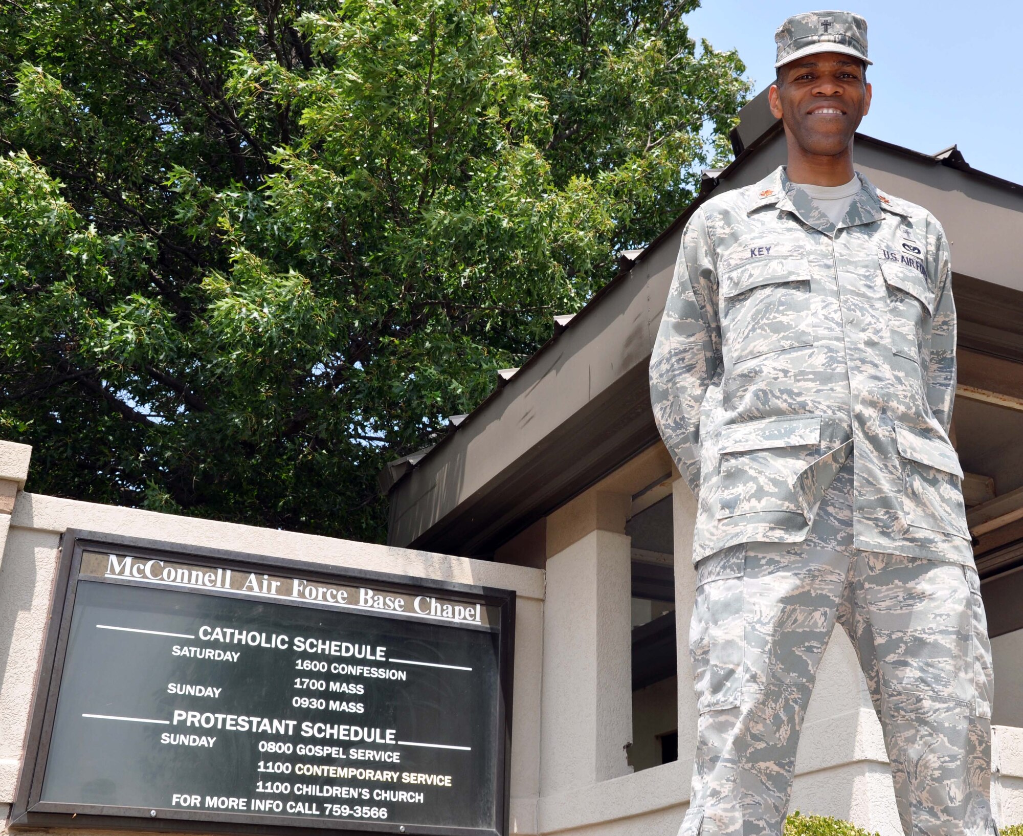 Chaplain (Maj.) John Key stands outside the base chapel at McConnell Air Force Base, Kan., July 3, 2012.  Key is an individual mobilization augmentee, and will be serving as chaplain of the 931st Air Refueling Group for the remainder of the fiscal year.  (U.S. Air Force photo by 1st Lt. Zach Anderson)