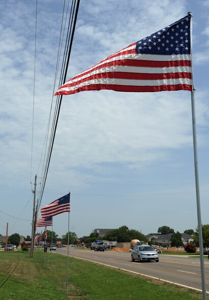 Flags are placed in front of the North Gate in honor of Independence Day July 3. Independence Day, commonly known as the Fourth of July, is celebrated annually across the nation in commemoration of America's separation from Great Britain during the American Revolution. (U.S. Air Force photo/Airman 1st Class Benjamin Gonsier)(RELEASED)
