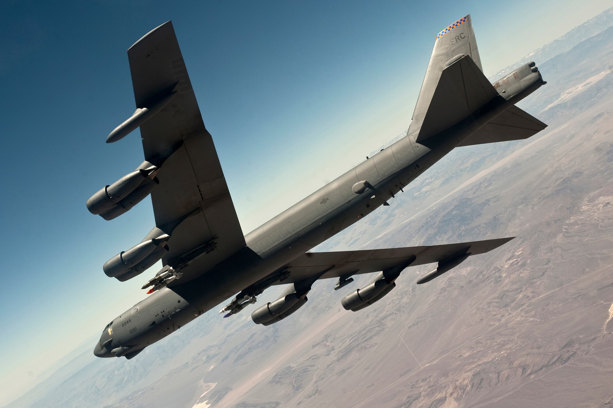 A U.S. Air Force B-52 Stratofortress, 340th Weapons Squadron, Barksdale Air Force Base, La., participates in MIDWAY WHITE III June 26, 2012, over the Nevada Test and Training Range. MIDWAY WHITE III is designed to improve consistency and lethality against vertical targets within a cave attack arena. (U.S. Air Force photo by Staff Sgt. Christopher Hubenthal)