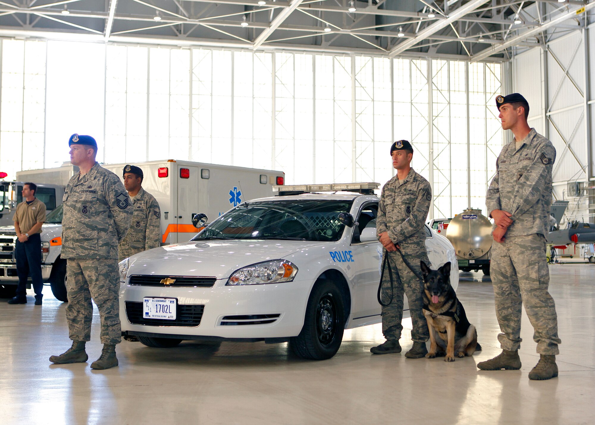 On display at the 95th Air Base Wing change of command ceremony were several assets belonging to the organization, including representation from the 95th Security Forces Squadron. Col. Amy V. Arwood assumed command of the 95th ABW June 29. (U.S. Air Force Photo by Jet Fabara)