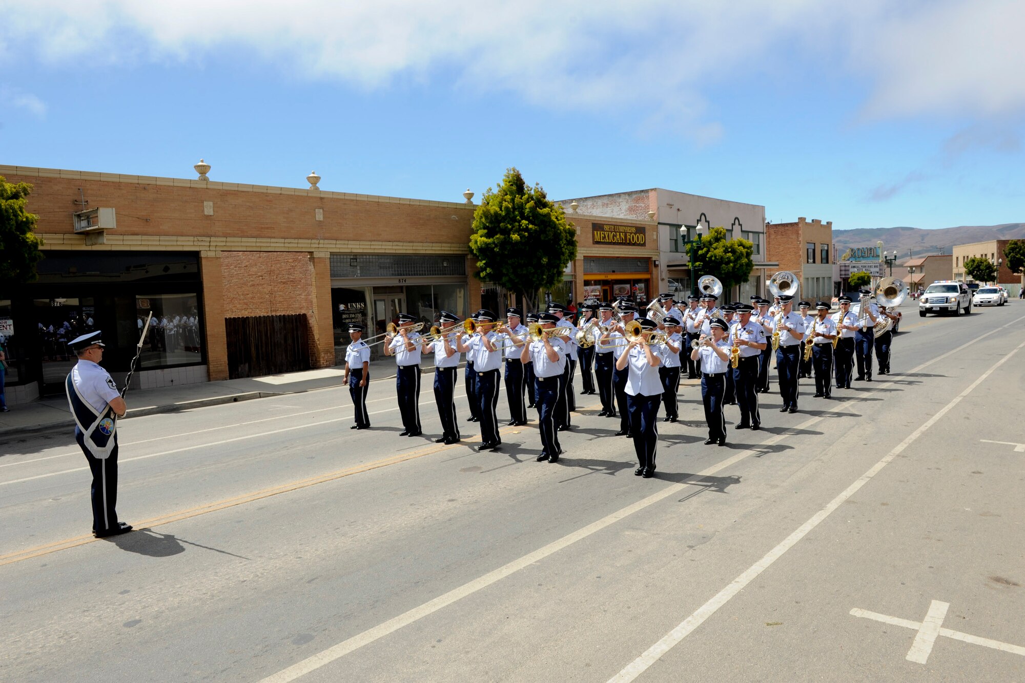 VANDENBERG AIR FORCE BASE, Calif. -- The Air National Guard Band of the West Coast marches in the Celebrate Heroes Parade in Guadalupe Saturday, June 30, 2012. The parade was a recognition of active and veteran members of the military and the city of Guadalupe intends to continue that recognition annually. (U.S. Air Force photo/Staff Sgt. Levi Riendeau)
