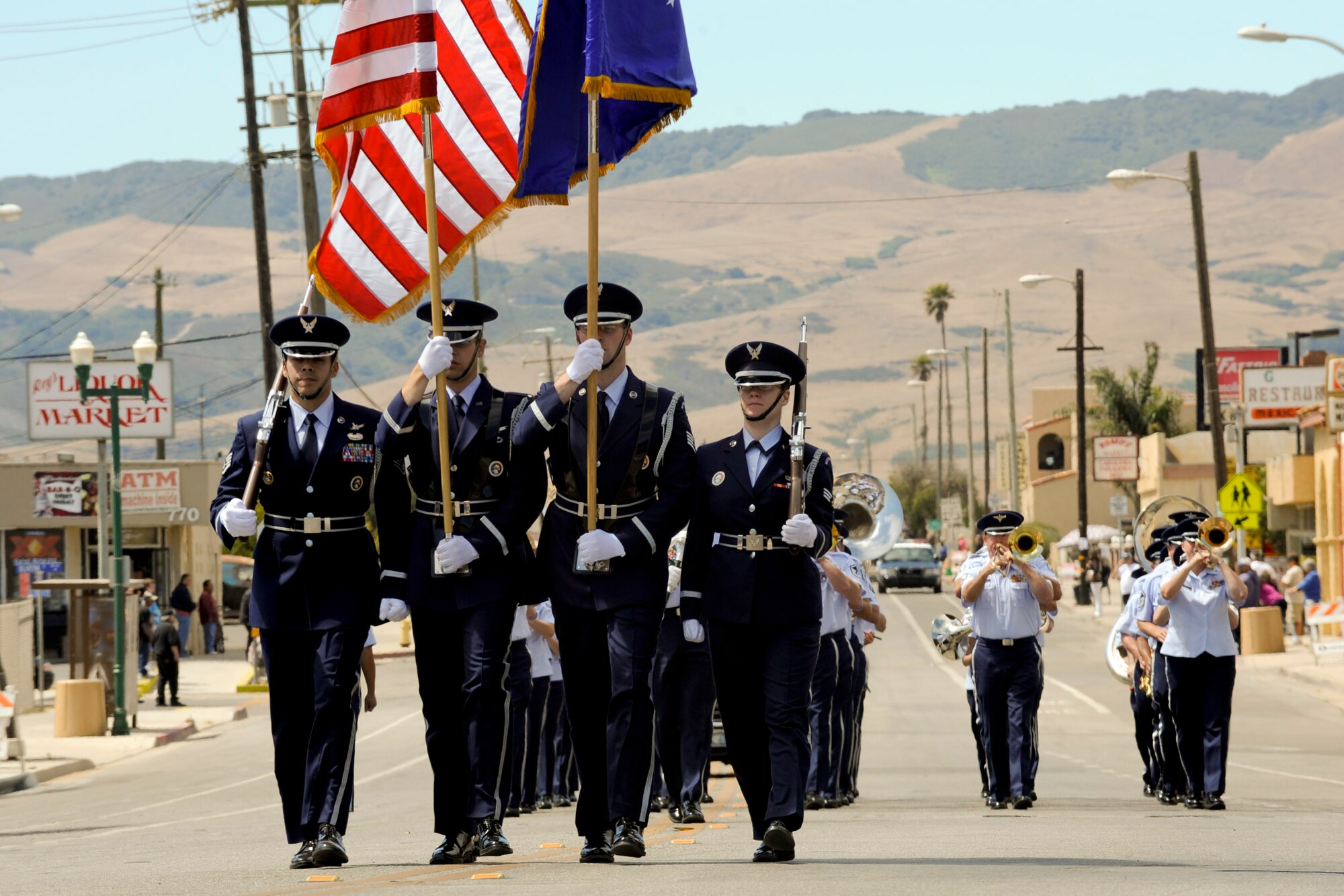 VANDENBERG AIR FORCE BASE, Calif. -- The Vandenberg Air Force Base Honor Guard marches in the Celebrate Heroes Parade in Guadalupe Saturday, June 30, 2012. The parade was a recognition of active and veteran members of the military and the city of Guadalupe intends to continue that recognition annually. (U.S. Air Force photo/Staff Sgt. Levi Riendeau)
