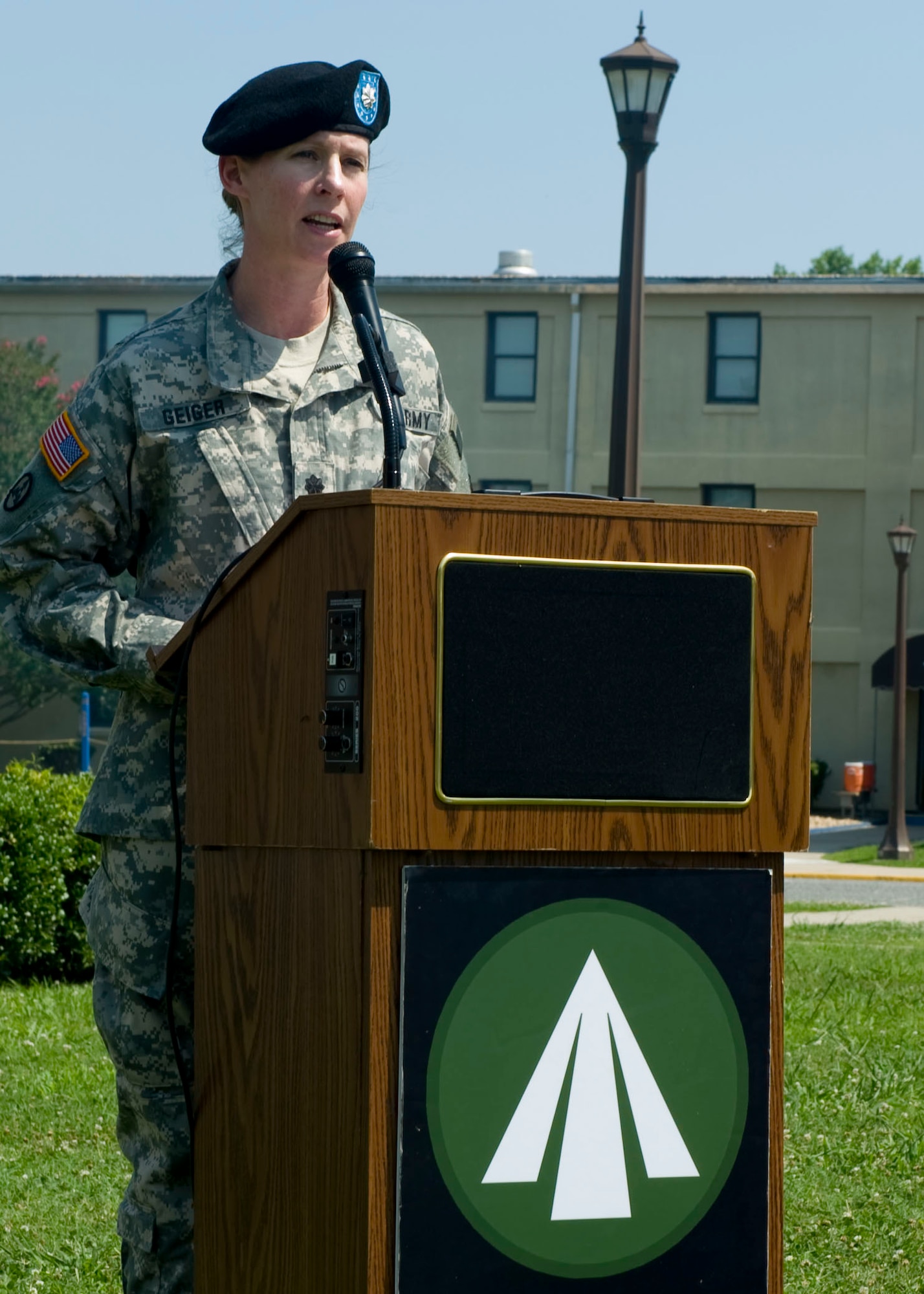 U.S. Army Lt. Col. Isabel Geiger, the 833rd Transportation Battalion commander, addresses Soldiers and guests during the battalion's colors uncasing ceremony at Ft. Eustis, Va., July 2, 2012. The 833d Trans. Bde. provides surface deployment, redeployment, distribution and water terminal operations to directly support and sustain the Soldiers and the Department of Defense, and on order deploys in support of Military Surface Deployment and Distribution Command operations worldwide.
(U.S. Air Force photo by Senior Airman John D. Strong II/Released)
