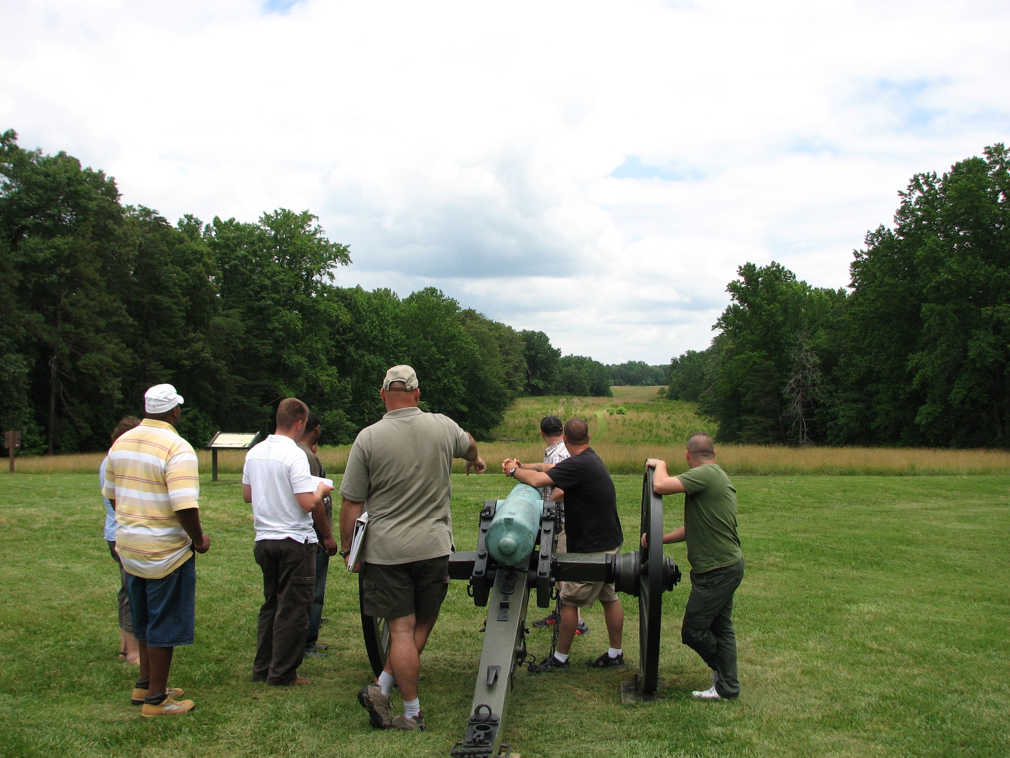 U. S. Army Lt. Col. Oliver Rose, center, Fort Eustis provost marshal, and 733d Security Forces squadron commander, and leaders from the 221st MP Detachment pause for reflection next to Confederate artillery pieces on Chancellorsville Battlefield, Va., during a Staff Ride held in conjunction with the Army birthday. In a proud, military tradition dating back to the late 1800s, military officers learn leadership lessons by participating in staff rides. (Courtesy photo)
