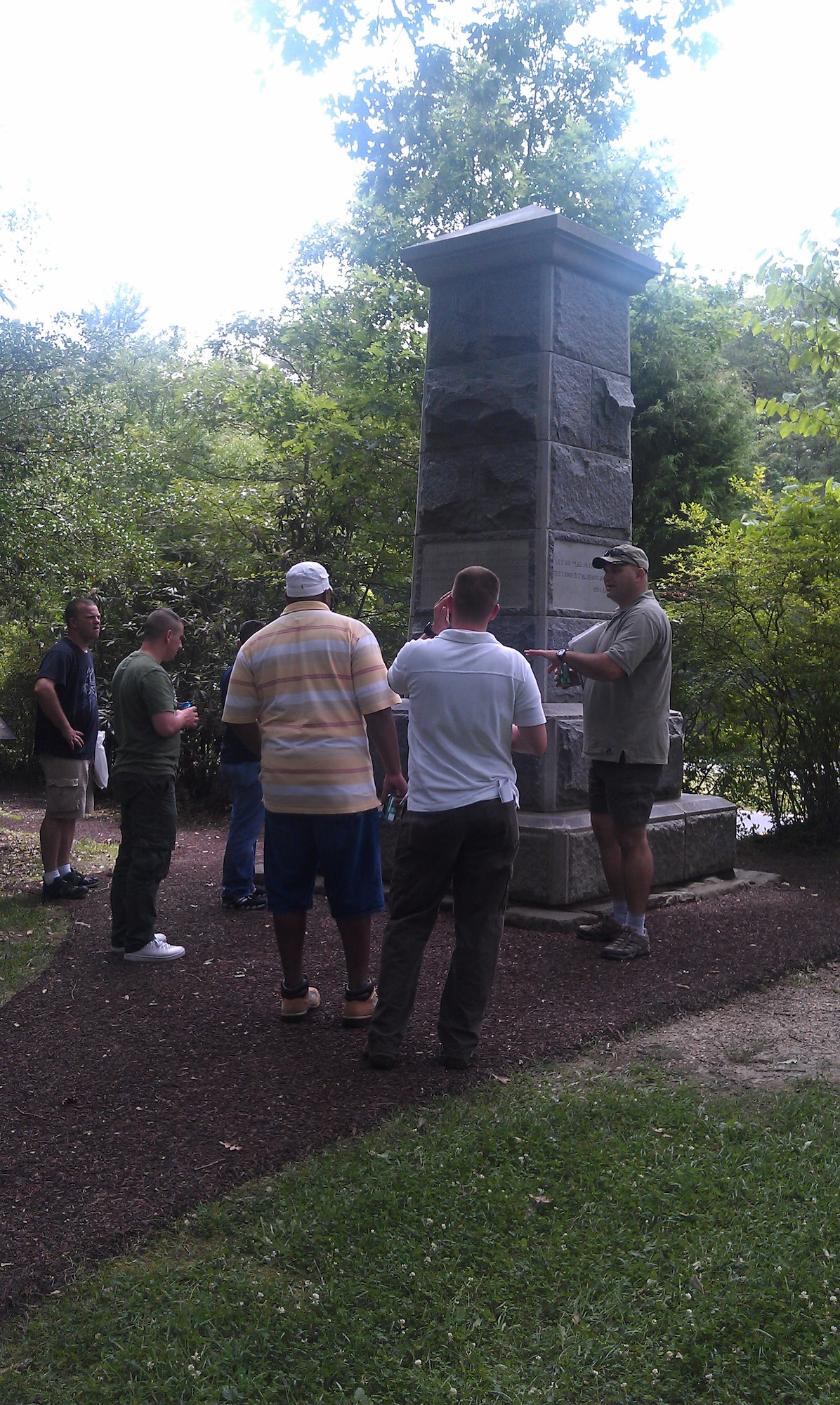 Noncommissioned officers with the 221st Military Police Detachment discuss Confederate General “Stonewall" Jackson’s fatal wound at the Jackson Monument at Chancellorsville Battlefield, Va., during a staff ride recently. In conjunction with the Army's Birthday, the participants were able to reflect on our Army's history and its past leadership. (Courtesy photo)