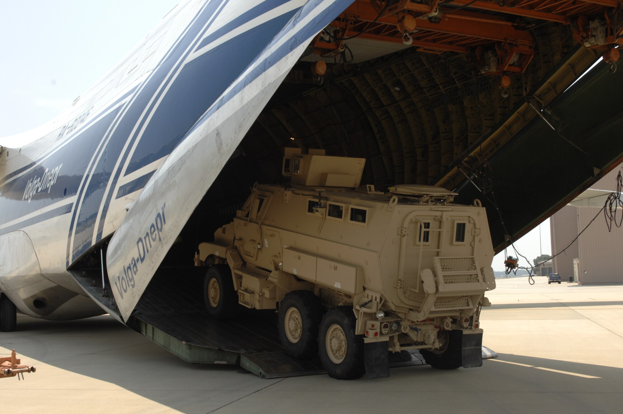 A mine-resistant ambush-protected vehicle is loaded onto a Russian Antonov An-124 Ruslan by the 20th Logistics Readiness Squadron at Shaw Air Force Base, S.C., June 30, 2012. The MRAP was one of three that was sent to the 8th Army in the Republic of Korea along with communication satellites and additional supplies. The plane departed Shaw 9:15 a.m. July 2, 2012. (U.S. Air Force photo by Airman 1st Class Krystal Jeffers/Released)