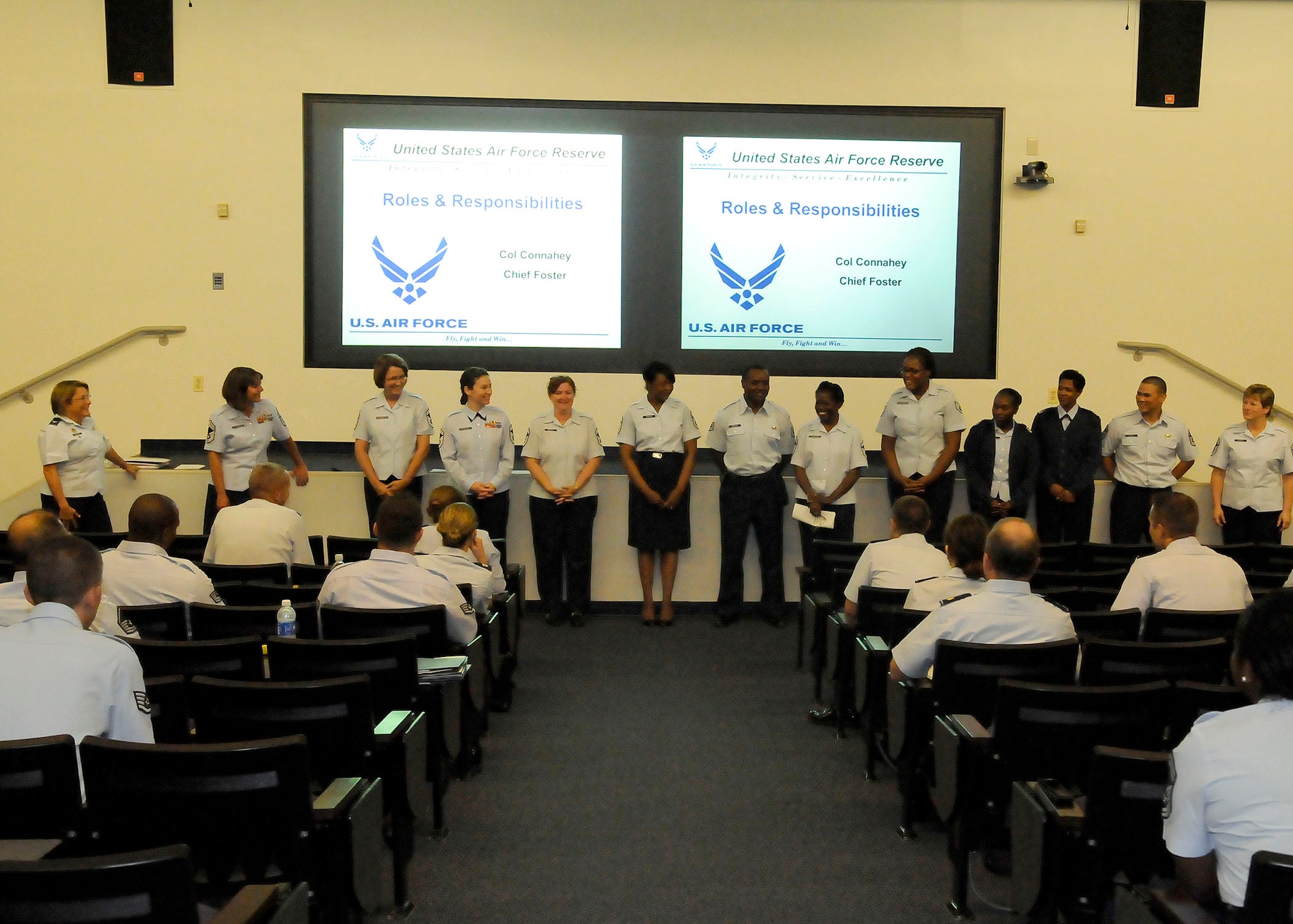 Members for Detachment 11 introduce themselves during the two-day Individual Reserve Newcomers Orientation Course at Joint Base Anacostia-Bolling, D.C., June 21-22.  The course is designed to welome them into the IR program. (U.S. Air Force photo)