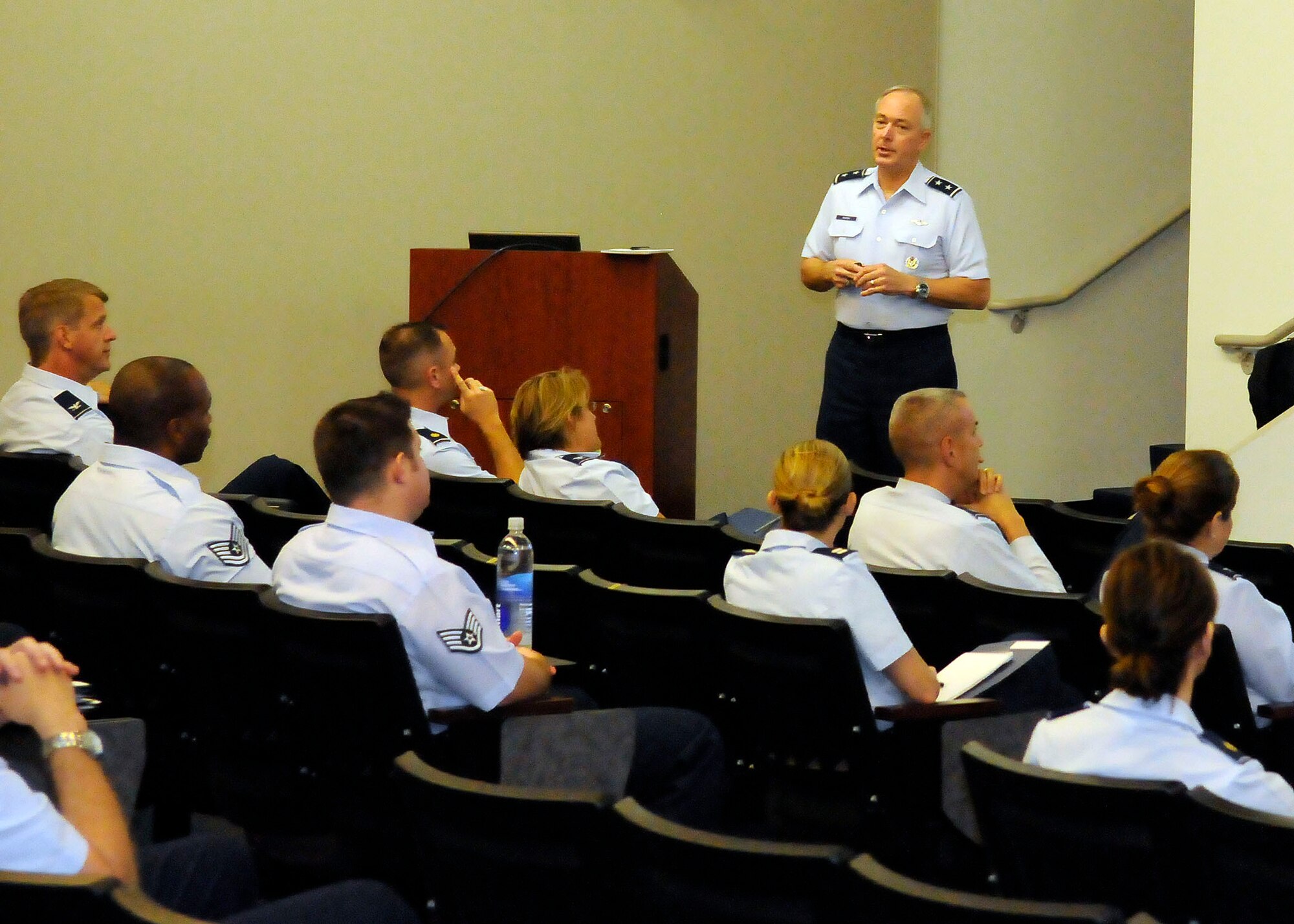 Maj. Gen. Richard Shook, Jr., mobilization assistant to the Chief of the Air Force Reserve, gives an overview of the Air Force Reserve to attendees at the Individual Reserve Newcomers Orientation Course at Joint Base Anacostia-Bolling, D.C., June 21-22. Twenty reservists and active-duty partners attended the two-day course designed to welcome them to the IR program. (Air Force photo) 