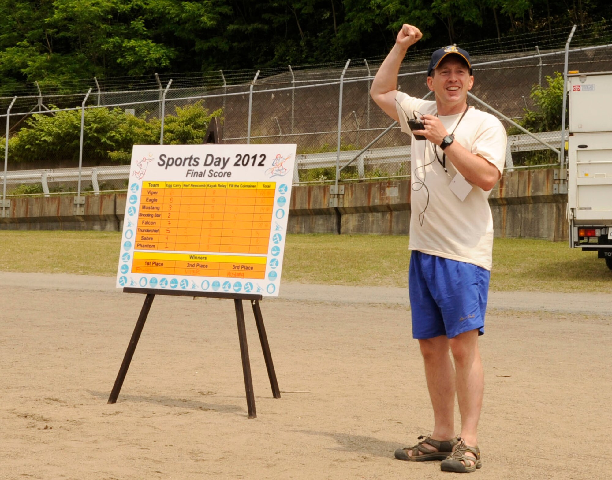 U.S. Air Force Col. Michael Rothstein, 35th Fighter Wing commander, motivates attendees as he reads the final scores during Sports Day at Misawa Air Base, Japan, June 30, 2012. Nine teams competed against each other in four different events at the base beach. (U.S. Air Force photo by Airman 1st Class Kaleb Snay/Released)