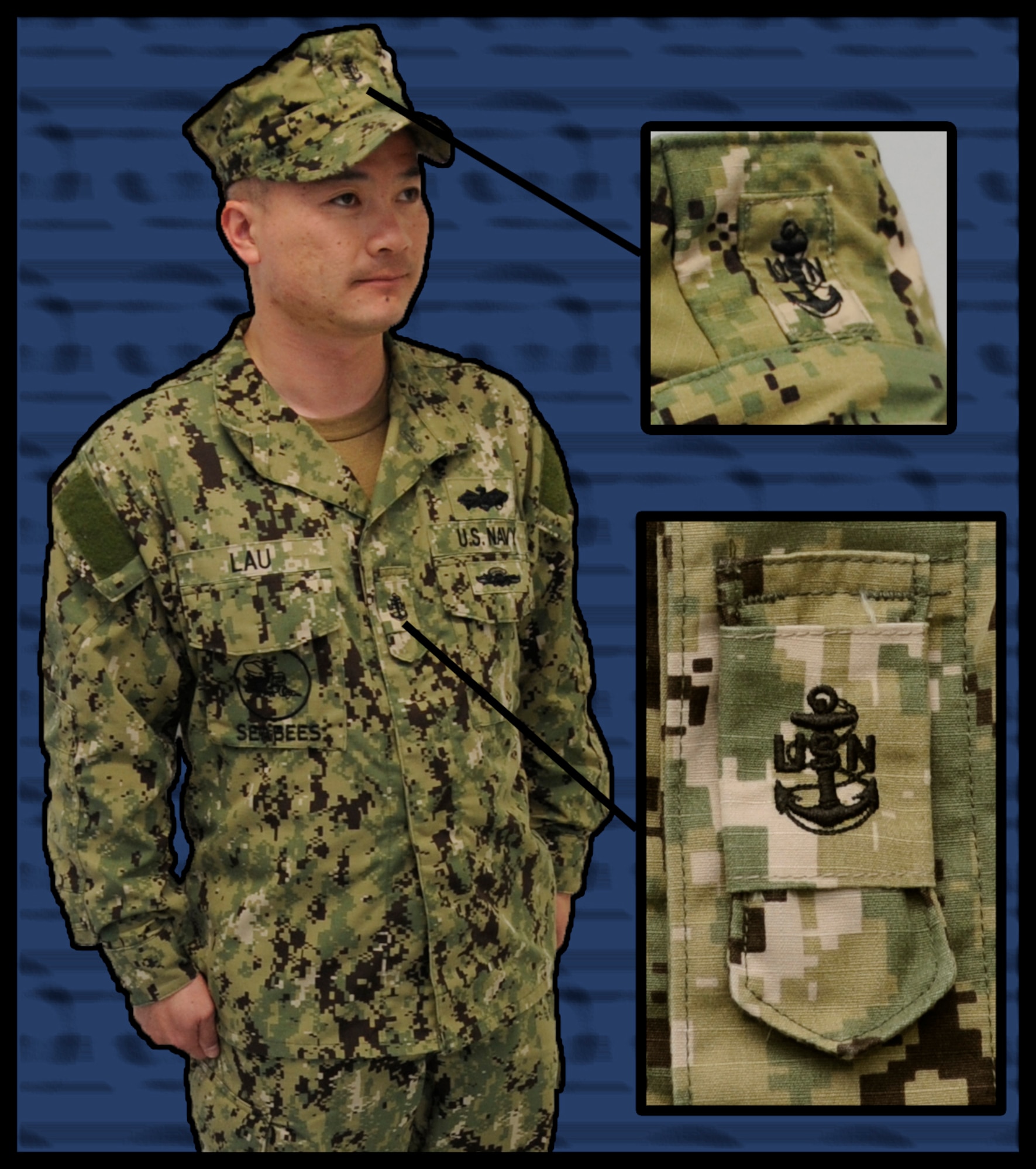 U.S. Navy Chief Engineering Aid Alwin Lau, Naval Air Facility Misawa public works engineering aid, displays a Navy Working Uniform Type 3 at Misawa Air Base, Japan, June 28, 2012. Navy personnel commonly wear this uniform in certain deployed environments. The insignia for this uniform are located on the front of the cap and the center of the chest. (U.S. Air Force graphic by Airman 1st Class Kaleb Snay/ Released)