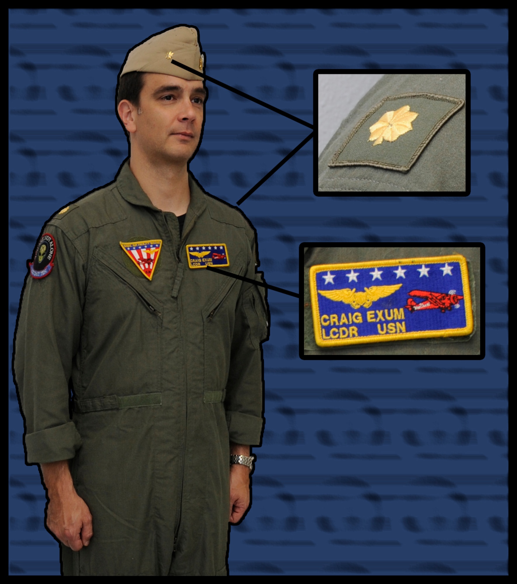 U.S. Navy Lt. Cmdr. Craig Exum, Naval Air Facility Misawa operations officer, displays a flight suit at Misawa Air Base, Japan, June 28, 2012. Pilots and aircrew members commonly wear this uniform here. The insignia for the uniform are located on the right side of the garrison cap and on shoulders. (U.S. Air Force graphic by Airman 1st Class Kaleb Snay/ Released)