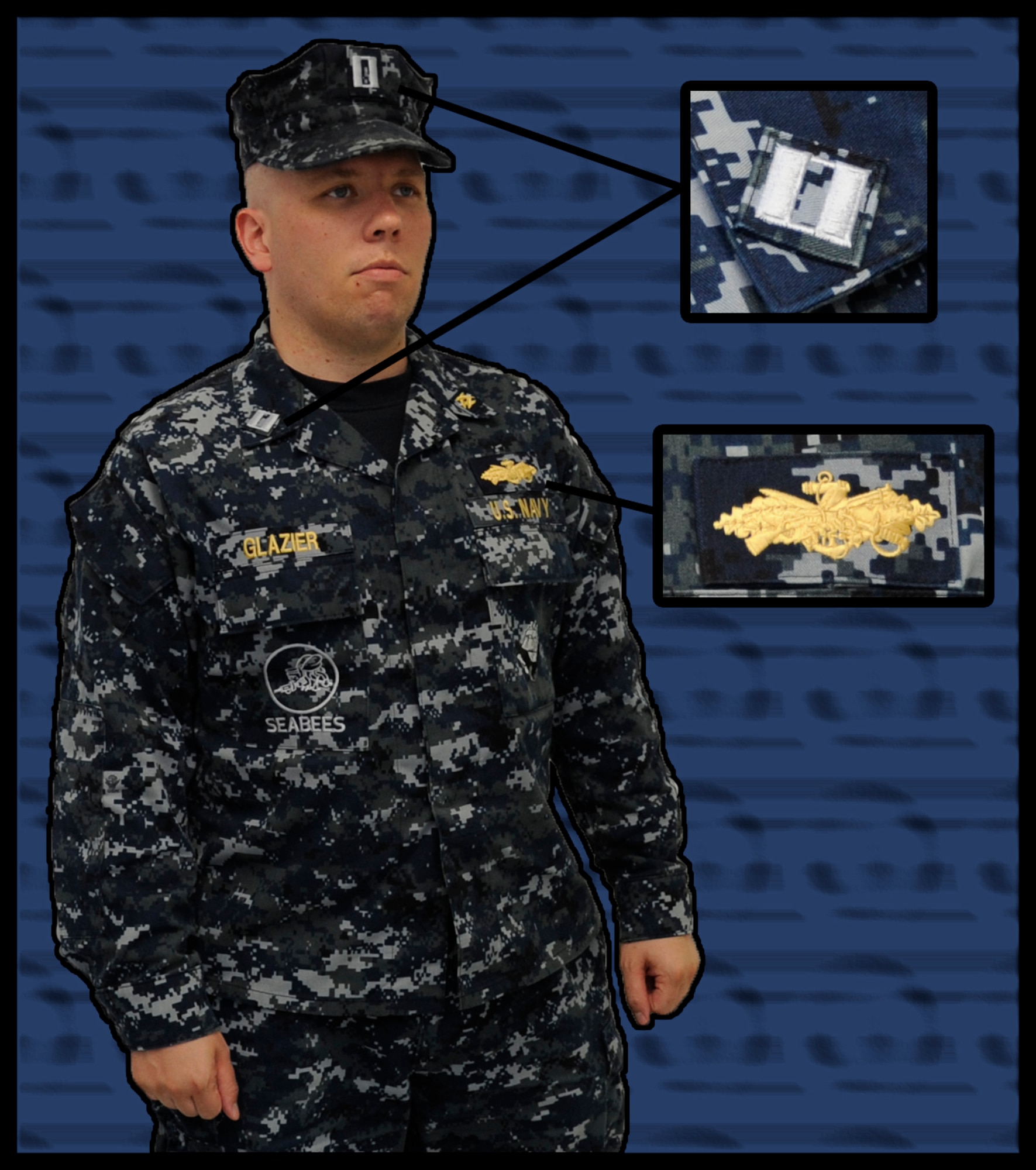 U.S. Navy Lt. Dustin Glazier, Naval Air Facility Misawa public works officer, displays a Navy Working Uniform Type 1 at Misawa Air Base, Japan, June 28, 2012. Naval officers have gold warfare designators and enlisted personnel have silver. The insignia for NWU's are located on the front of the cap and the collar. (U.S. Air Force graphic by Airman 1st Class Kaleb Snay/ Released)