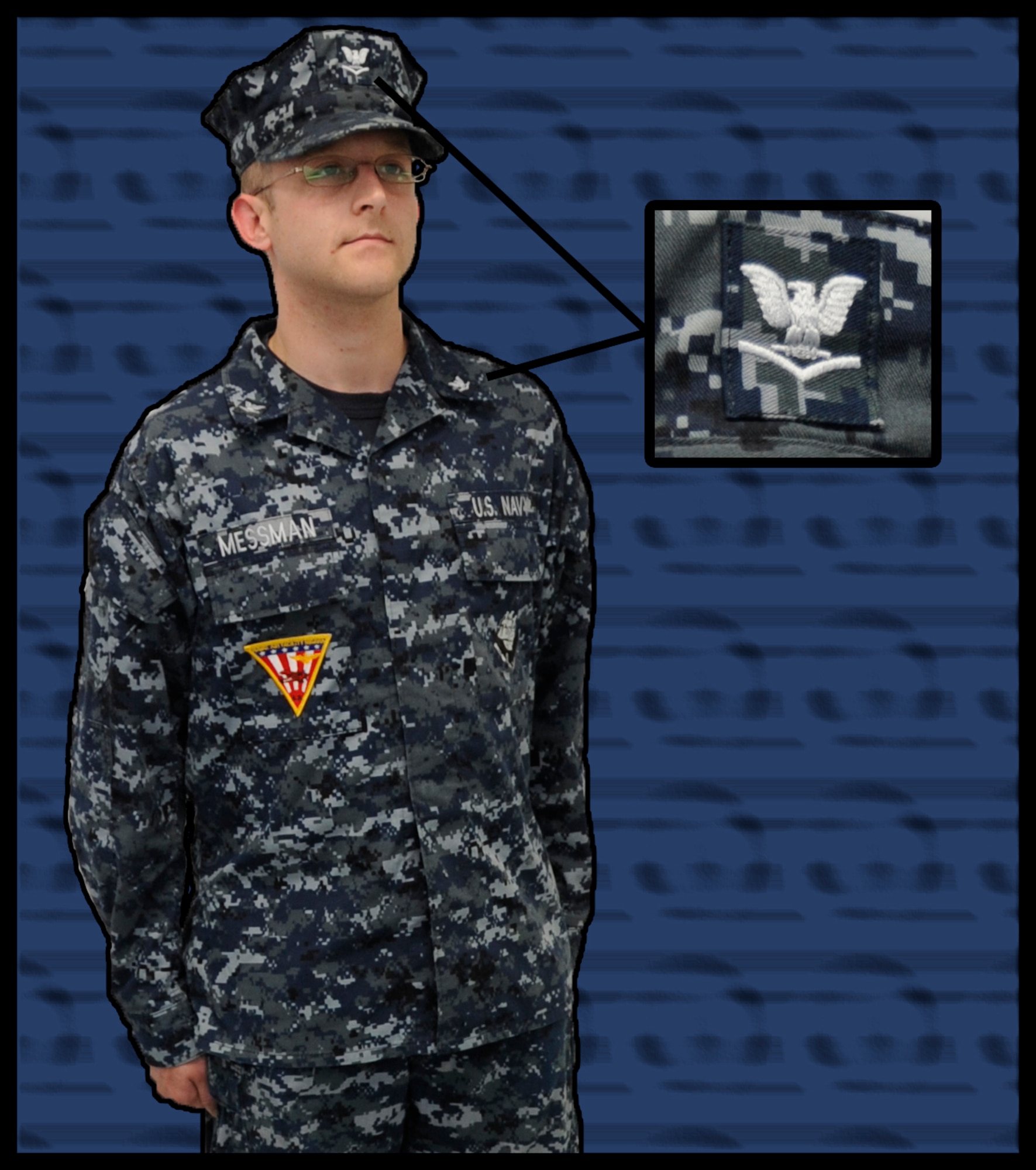 U.S. Navy Air Crewman (Avionics) 3rd Class Jack Messman, Naval Air Facility Misawa operations air crewman, displays a Navy Working Uniform Type 1 at Misawa Air Base, Japan, June 28, 2012. The insignia for NWU's are located on the front of the cap and the collar. A common mistake is saluting Navy enlisted Sailors because of the close similarities between the chevron and crow insignia worn by petty officers and the eagle insignia of the Navy Captain. (U.S. Air Force graphic by Airman 1st Class Kaleb Snay/ Released)