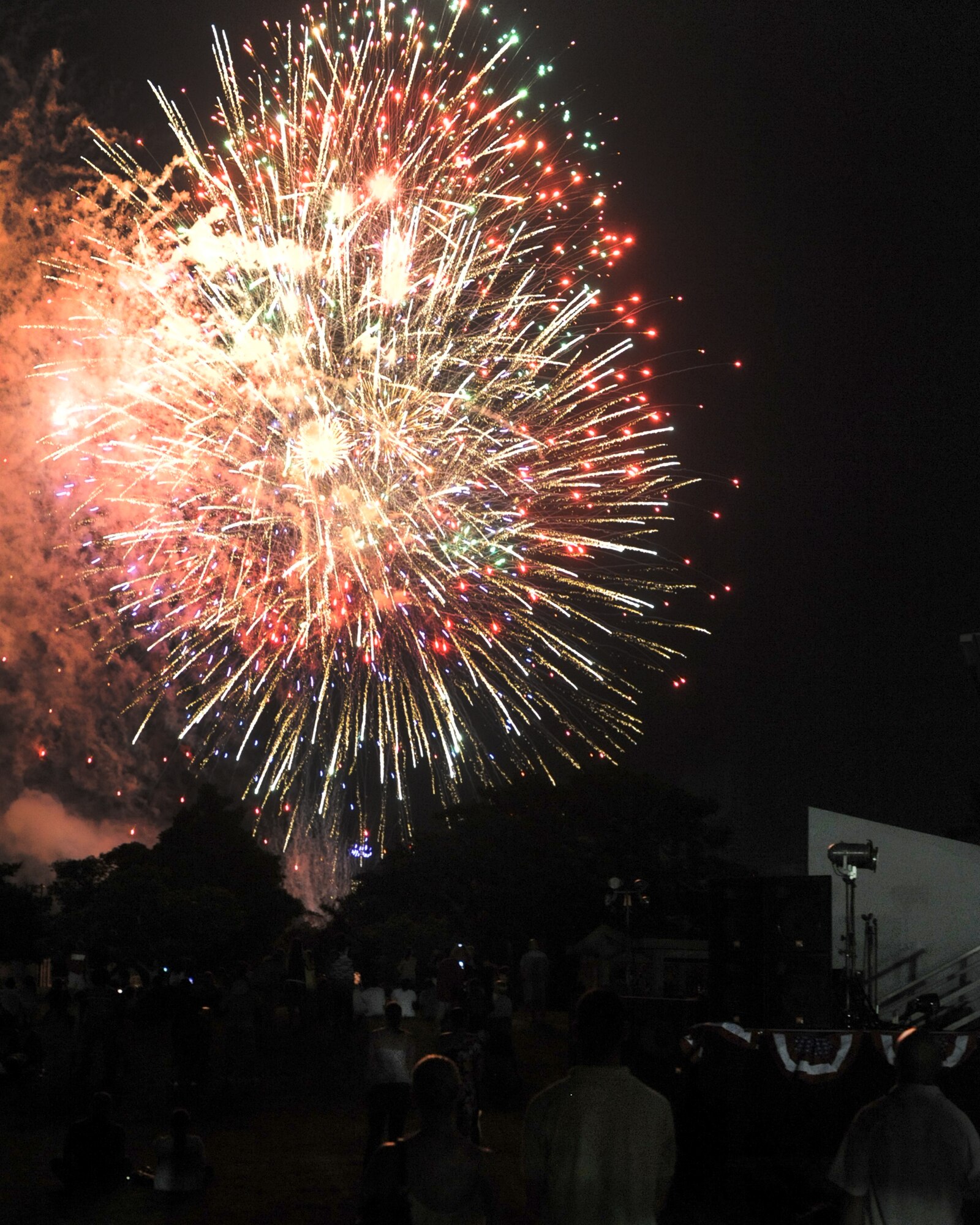 Families watch a firework show at Marek Park on Kadena Air Base, Japan, June 3, 2012. Independence Day is commonly associated with fireworks, parades, barbecues, carnivals, fairs, picnics, concerts, baseball games, family reunions, and political speeches and ceremonies, in addition to various other public and private events celebrating the history, government, and traditions of the United States. (U.S. Air Force photo/Airman 1st Class Justin Veazie)