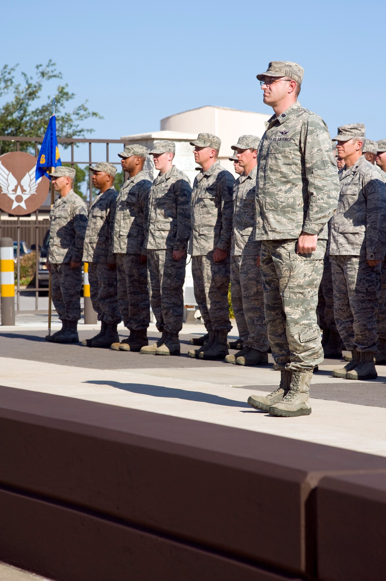 Lt. Col. Michael Edwards, an operations officer of 1st Special Operations Support Squadron, leads 1st SOSS Airmen in a formation during a retreat ceremony at Hurlburt Field, Fla., June 27,2012. Retreat signals the end of the official duty day and serves as a ceremony to honor the flag.  (U.S. Air Force photo/Airman 1st Class Michelle Vickers) (Released)

