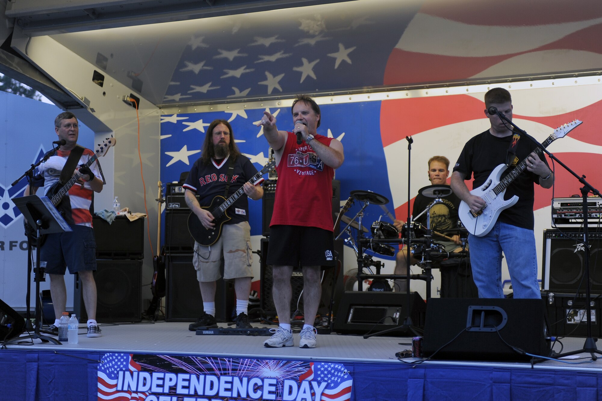 Chain of Command Band performs a cover of “Rock You Like a Hurricane” during an Independence Day Celebration on Seymour Johnson Air Force Base, N.C., July 3, 2012. The band played numerous cover songs through the night. (U.S. Air Force photo/Airman 1st Class John Nieves Camacho/Released)