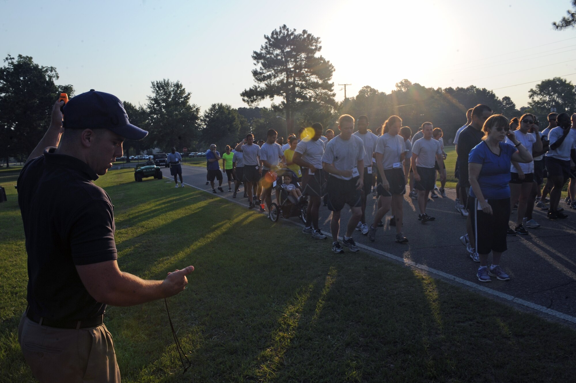 U.S. Air Force Airman 1st Class Jeffery Taylor gives the command to start the Freedom Run on Seymour Johnson Air Force Base, N.C., June 29, 2012. The run was held in celebration of the Independence Day holiday. Taylor, 4th Force Support Squadron fitness apprentice, is a native of Helena, Mont. (U.S. Air Force photo/Airman 1st Class John Nieves Camacho/Released)