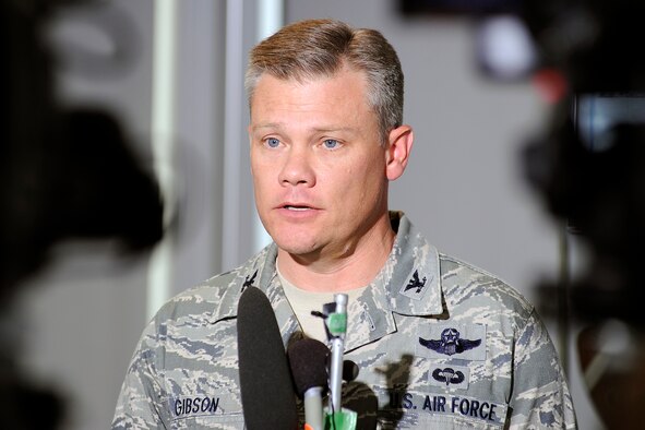 Col. Tim Gibson answers questions during a press conference at the U.S. Air Force Academy June 27, 2012. Gibson, the 10th Air Base Wing commander, evacuated families from the Academy's housing areas after the fire tripled in size a day earlier and burned nearly 350 homes south of the installation. (U.S. Air Force photo/Mike Kaplan)