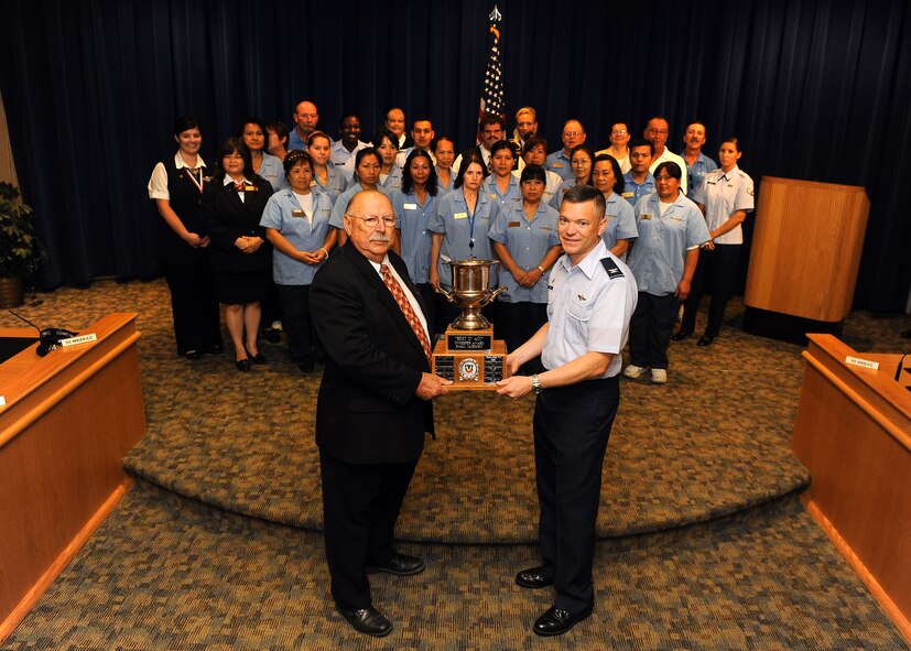 Harry Flowers, Offutt Inns manager, and Col. John Rauch, 55th Wing commander, hold the 2012 Best in ACC Innkeeper Award, small category, that was awarded to Offutt Inns. As Offutt Inns was competing for the Air Force level award in the same category there were several individuals recognized by the inspectors as “Star Performers.”  These individuals include Senior Airman Lana D. Fowler, Rodney Coate, Sue Telgren, Monta Fisher, Linda Przytulski, Angelo Emmi. Jr, Raul Rosario, Ken Haase, Ok In Hilburn, Elizabeth Hagen and Whisper Maxwell, who is the Air Force Innkeeper Traveler's Award Nominee. Note, not all star performers are in the photo. (U.S. Air Force photo by Josh Plueger/Released)