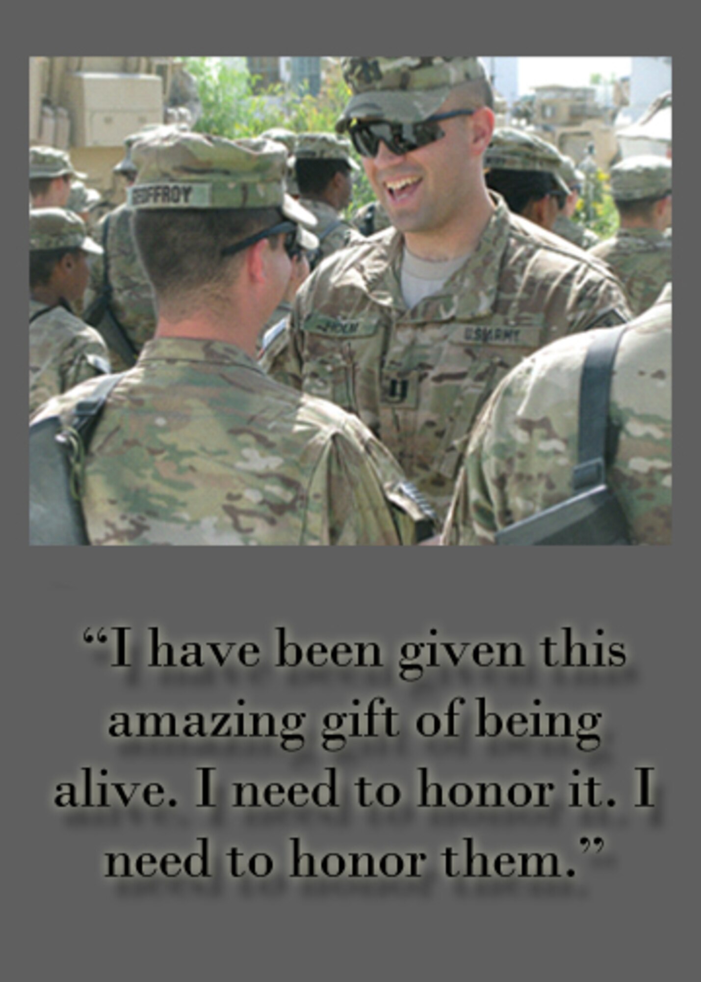 U.S. Army Captain Jonathan Holm. from the 2nd Brigade, 4th Infantry Division, speaks to a Soldier during a deployment to Kandahar, Afghanistan. Holm, now a major, has deployed four times, most recently to Afghanistan, where he experienced survivor's guilt, by surviving life-threatening events when others did not. (U.S. Air Force photo illustration by Senior Airman Jarad A. Denton/Released)