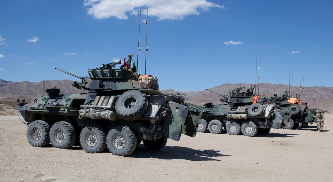 Light Armored Vehicles belonging to 4th Light Armored Reconnaisance are staged at Range 500A prior to conducting assault drills. Javelin Thrust is an annual large-scale exercise here which allows active and reserve Marines and sailors from 38 different states to train together as a seamless Marine Air Ground Task Force.