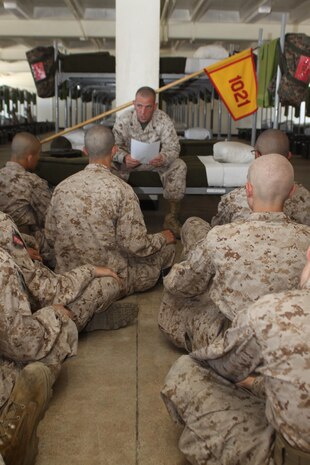 Staff Sgt. Robert Phelan, senior drill instructor, Platoon 1021, Company B, 1st Recruit Training Battalion, discusses the leadership trait of integrity June 18 aboard Marine Corps Recruit Depot San Diego. Integrity is often described as doing the right thing when no one is looking, a trait that is instilled early on in recruit training.