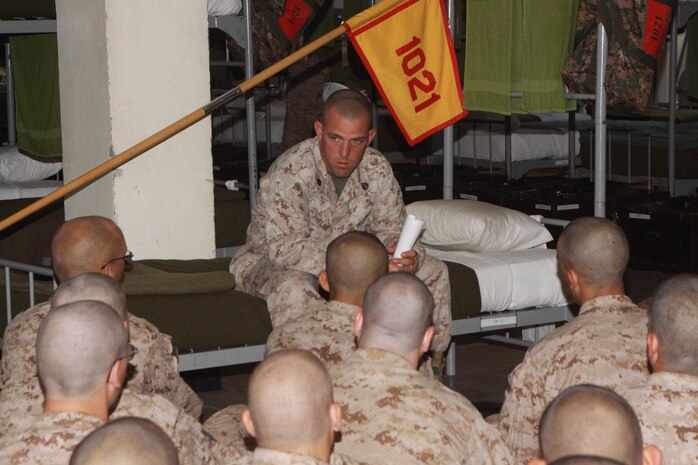 Staff Sgt. Robert Phelan, senior drill instructor, Platoon 1021, Company B, 1st Recruit Training Battalion, discusses the leadership trait of integrity June 18 aboard Marine Corps Recruit Depot San Diego. Integrity is often described as doing the right thing when no one is looking, a trait that is instilled early on in recruit training.