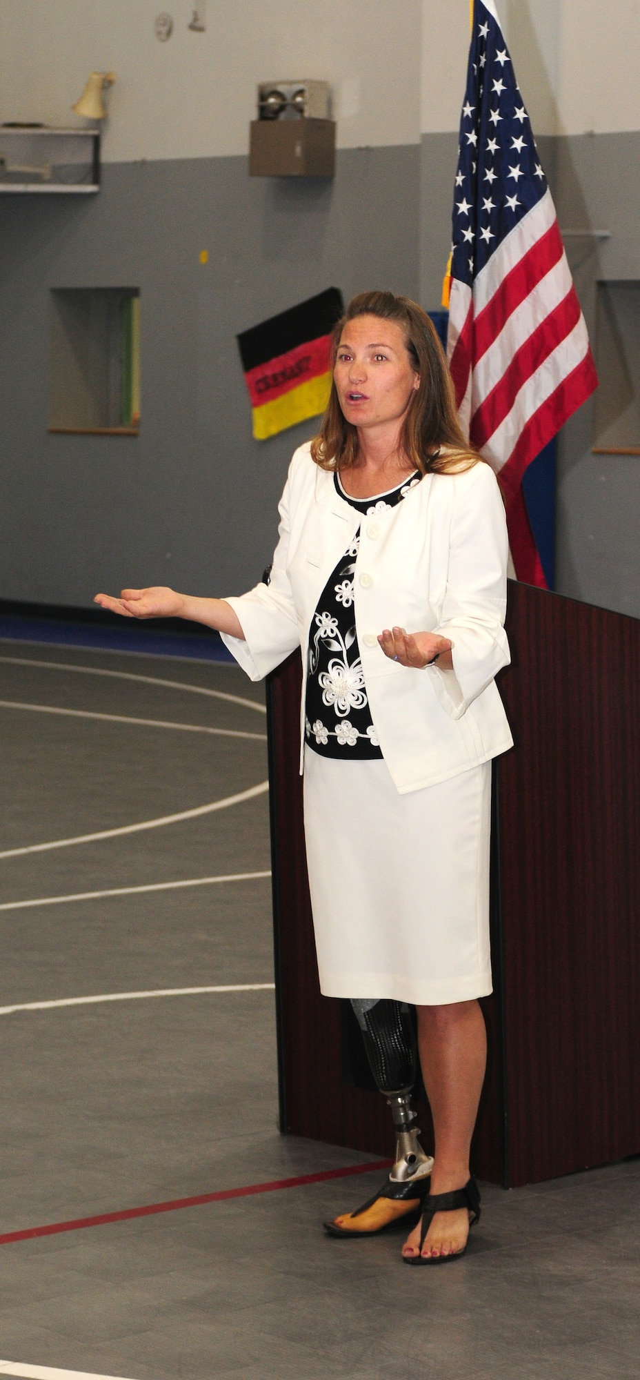 Jennifer Kelchner, a Paralympics gold medalist speaks to members of Team Beale at the Youth Center at Beale Air Force Base, Calif., June 27, 2012. Kelchner won a gold medal for downhill alpine skiing at the 1998 Winter Olympics in Japan. (U.S. Air Force photo by Senior Airman Allen Pollard)