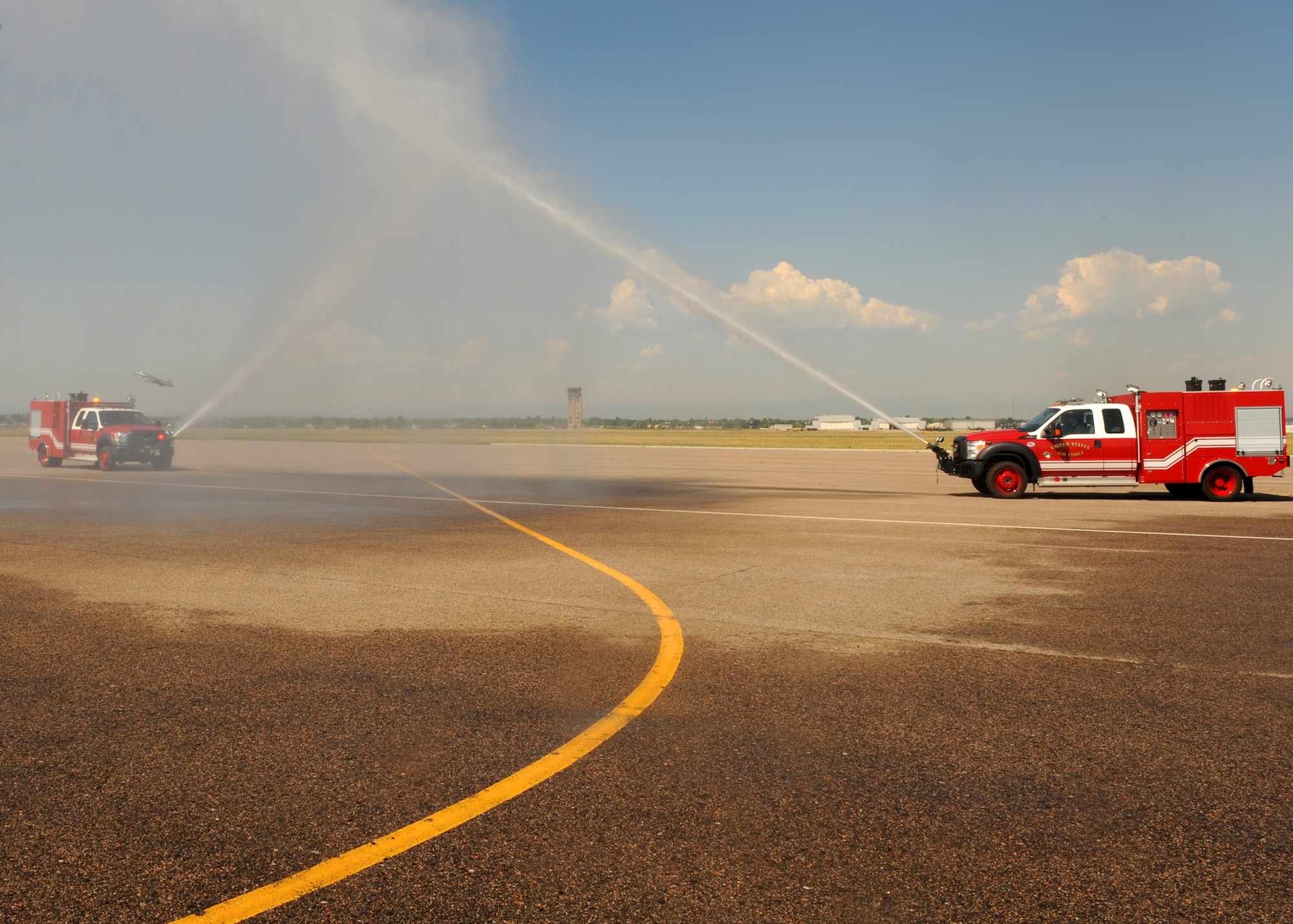 BUCKLEY AIR FORCE BASE, Colo. -- The Buckley Fire Department tests their new vehicles June 29, 2012. The new P-34 Rapid Intervention Vehicles will save the Air Force on average 28 percent when it comes time for stations to update their inventory. (U.S. Air Force photo by Senior Airman Marcy Glass)
