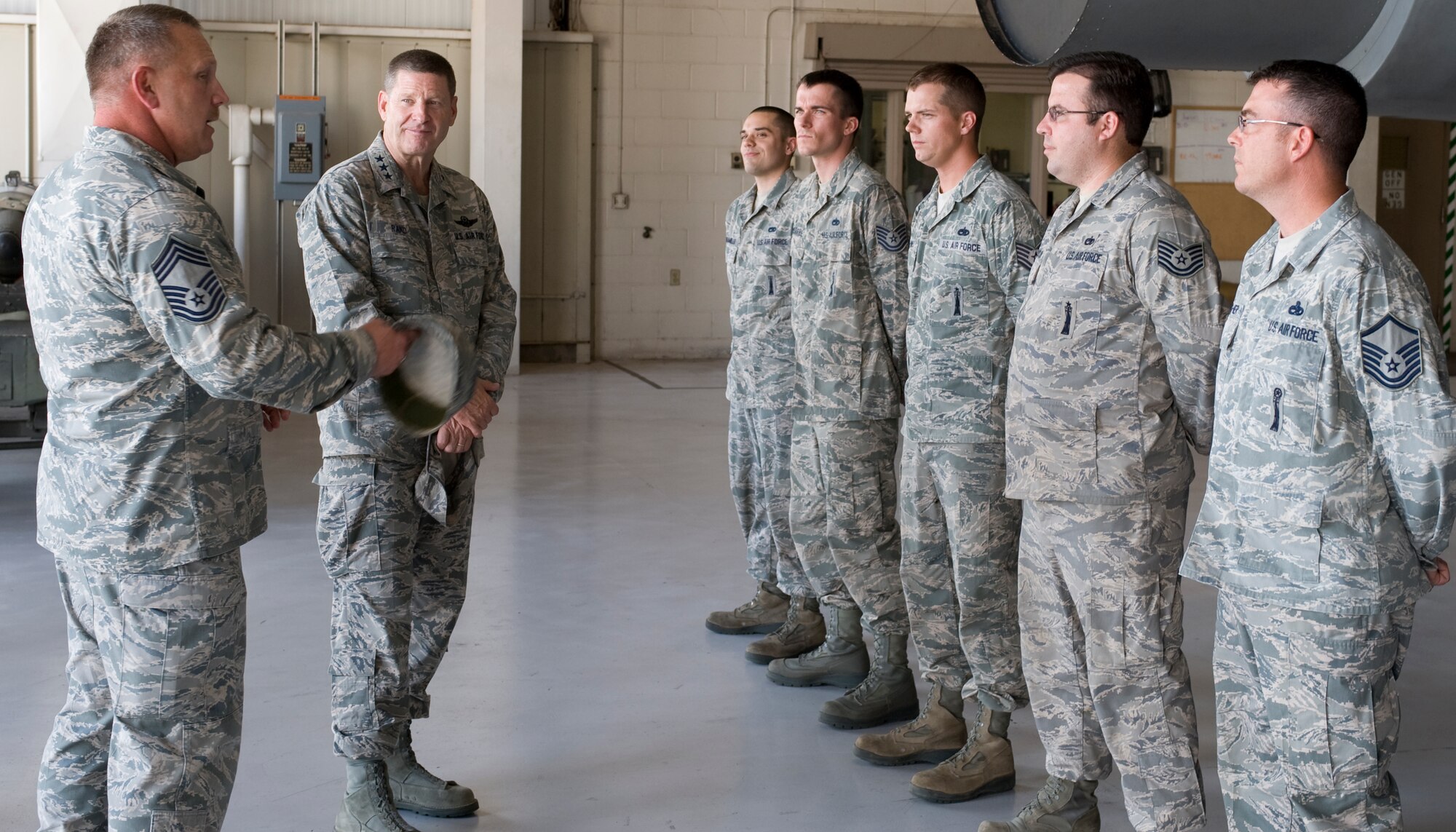 U.S. Air Force Lt. Gen. Robin Rand, 12th Air Force commander, visits Dyess Airmen during his tour of the load crew training facility July 2, 2012, at Dyess Air Force Base, Texas. During his visit, Rand expressed his gratitude to all Dyess Airmen and their families for their outstanding support of global missions and operations. (U.S. Air Force photo by Staff Sgt. Richard P. Ebensberger/ Released)