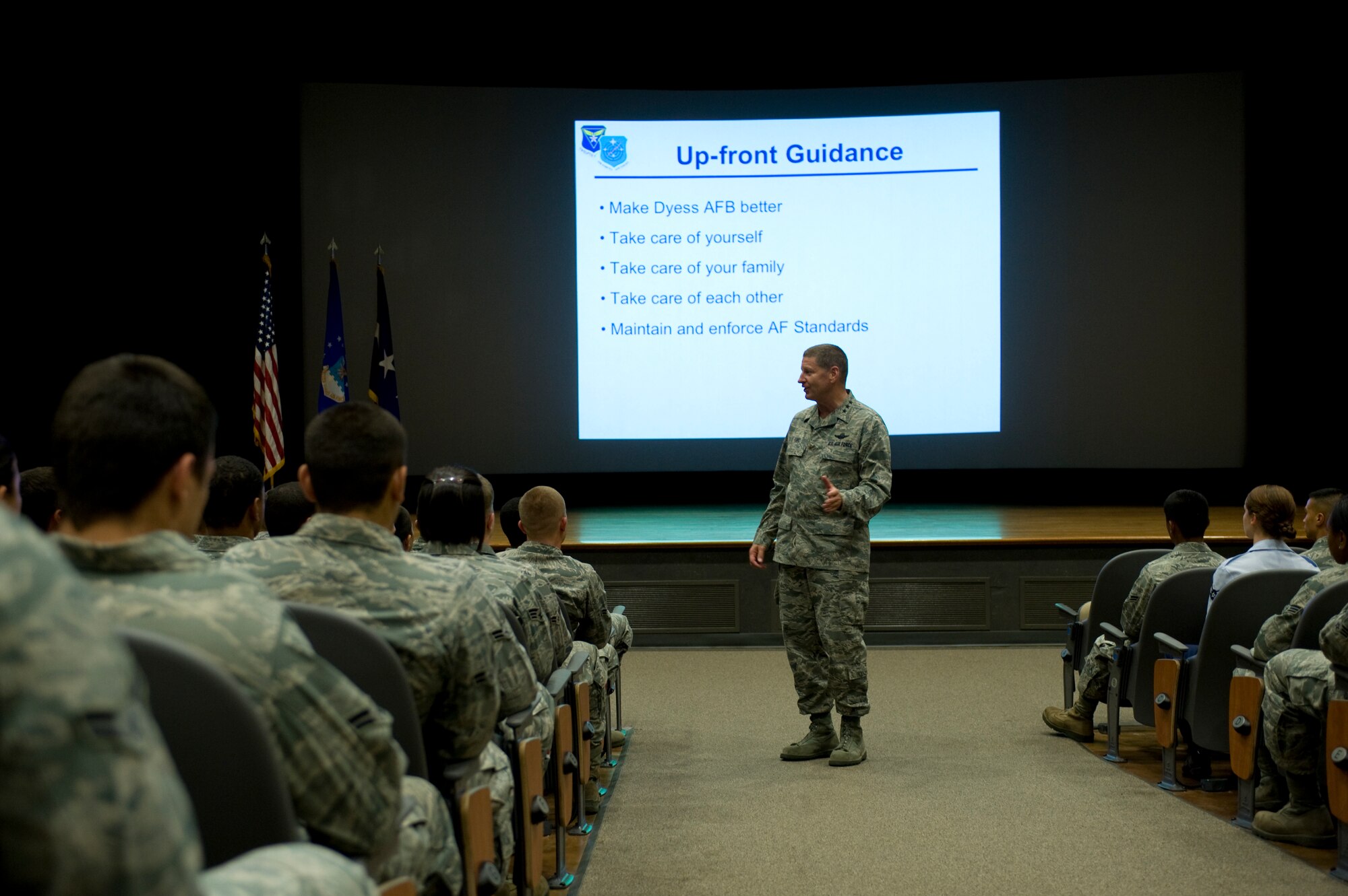 U.S. Air Force Lt. Gen. Robin Rand, 12th Air Force commander, speaks with Dyess Airmen during a commander’s call July 2, 2012, at Dyess Air Force Base, Texas. During his visit, Rand expressed his gratitude to all Dyess Airmen and their families for their outstanding support of global missions and operations. (U.S. Air Force photo by Staff Sgt. Richard P. Ebensberger/ Released)