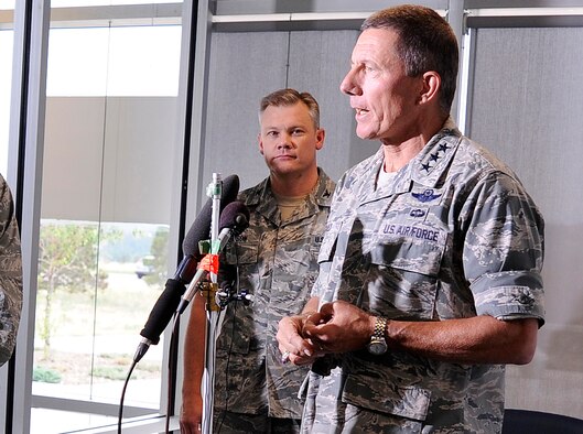 Academy Superintendent Lt. Gen. Mike Gould and 10th Air Base Wing Commander Col. Tim Gibson hold a press conference June 27 to provide updates on the Academy’s firefighting and evacuation efforts. (U.S. Air Force Photo/Mike Kaplan)