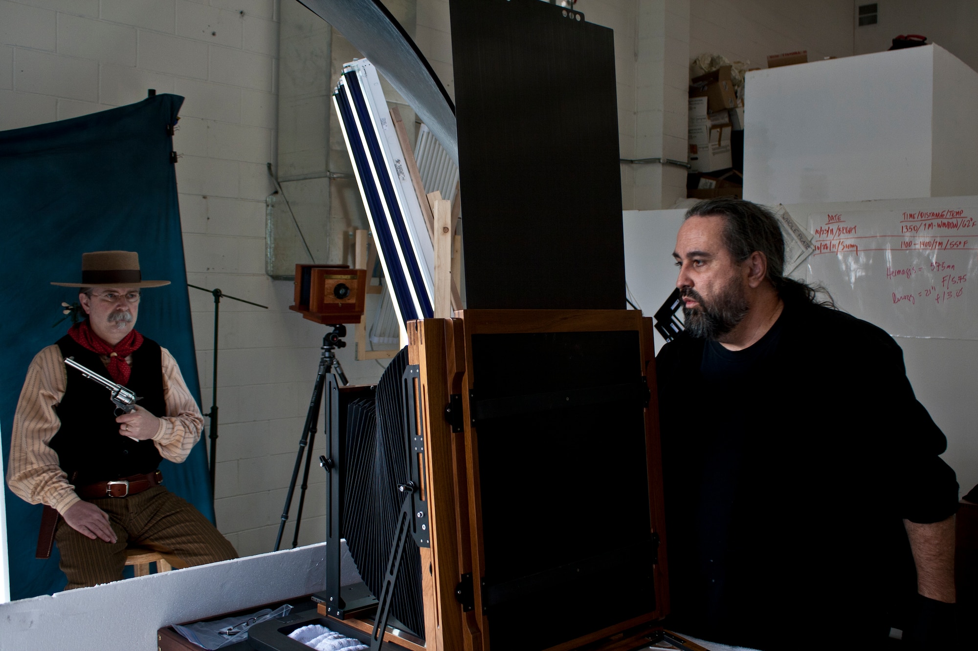 Quinn Jacobson, Air Reserve Personnel Center visual information specialist, creates an exposure during a sitting in his studio. Jacobson has revived a forgotten photographic process called wet plate collodion taught through his lectures at his studio in Denver. (Courtesy photo)