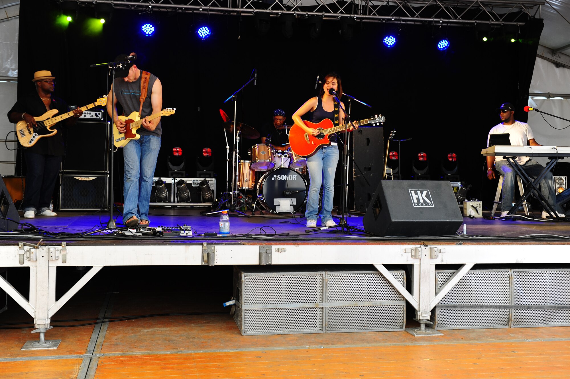 Members of the Angi Bailey band perform at the 86th Force Support Squadron’s annual Kaiserslautern Military Community Independence Day celebration, “The Rockin’ 4th,” at the Enlisted Club on Ramstein Air Base, Germany, July 4, 2012. The local band, performed some American music classics to help celebrate July 4th with members of the Kaiserslautern Military Community. (U.S. Air Force photo/Airman 1st Class Holly Cook)