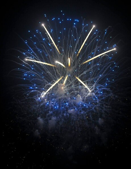 Fireworks light up the sky as Team Osan celebrates Independence Day, July 4, 2012, during the annual Liberty Fest. The 51st Force Support Squadron hosted various events throughout the day to include live bands, golf tournaments and a fireworks display. Traditional Korean performances and American food were also a part of festivities. (U.S. Air Force photo/Staff Sgt. Stefanie Torres)

