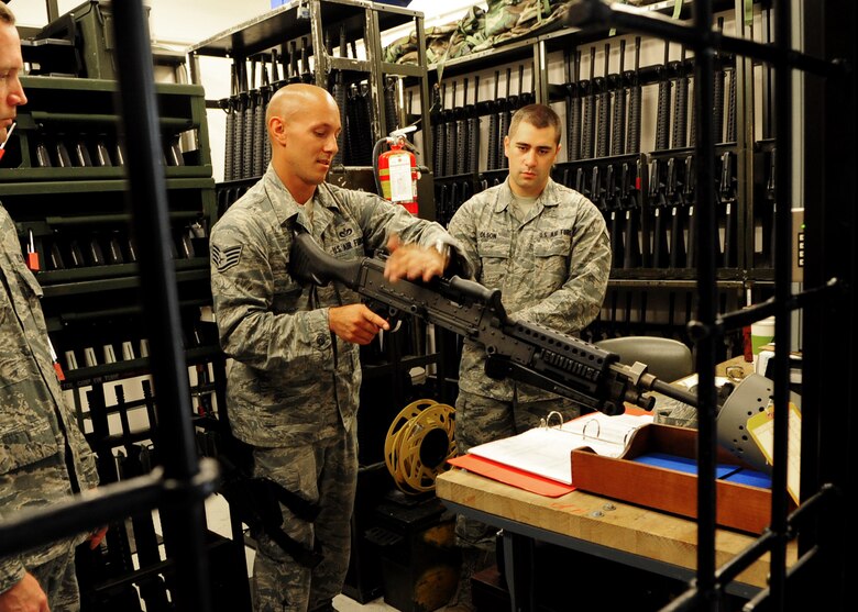 Staff Sgt. Craig Stawicki, 603rd Air Control Squadron, demonstrates how to properly clear a weapon July 3 at Aviano Air Base, Italy.  The 603rd is one of two Air Force theater air control systems in Europe that will deactivate as part of a larger U.S. Air Force effort to save more than $28 billion in the next five years. (U.S. Air Force photo by Staff Sgt. Evelyn Chavez)