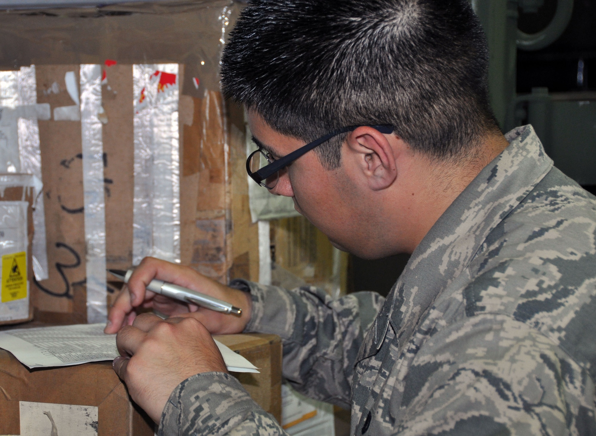 Airman 1st Class Mark Tobar, 51st Logistics Readiness Squadron materiel management journeyman, verifies a supply checklist for a War Readiness Kit at Osan Air Base, Republic of Korea, June 29, 2012. The parts store provides aircraft maintainers all replacement parts and materiel needed to fix broken, damaged or worn out aircraft. The shop provides replacement parts for the F-16 Fighting Falcon, A-10 Thunderbolt II and the U-2 Dragonlady aircraft at Osan. (U.S. Air Force photo/Senior Airman Michael Battles)