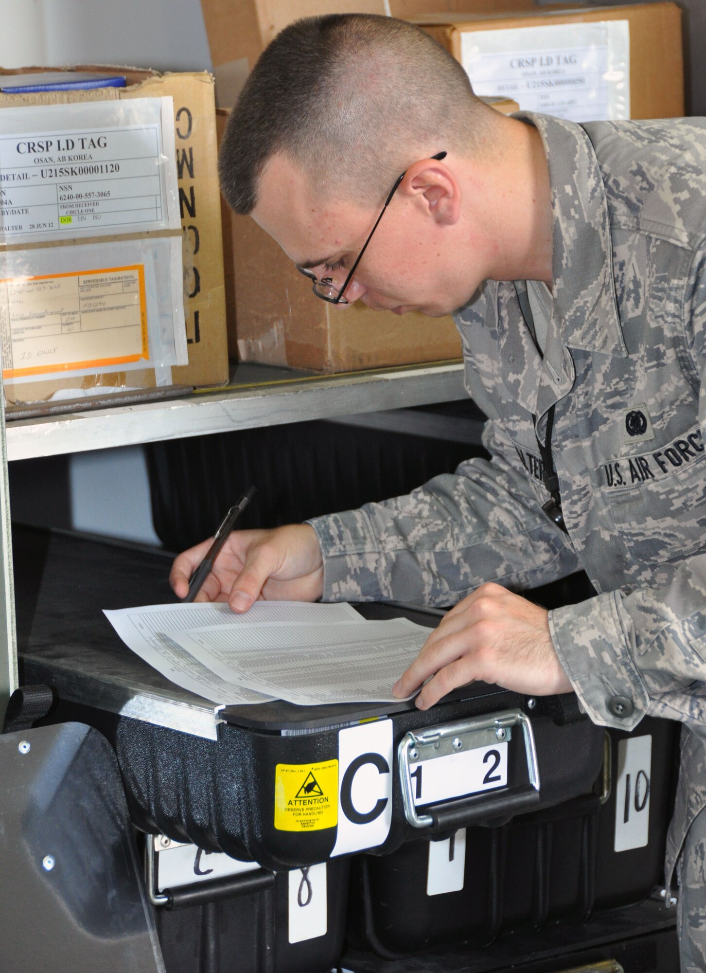Senior Airman Ryan Mannhalter, 51st Logistics Readiness Squadron materiel management journeyman, checks the inventory of a consumable readiness spare package at Osan Air Base, Republic of Korea, June 29, 2012. The unit’s aircraft parts store handles all replacement parts for aircraft assigned to Osan. In total, the store manages more than $55 million replacement aircraft assets. (U.S. Air Force photo/ Senior Airman Michael Battles) 