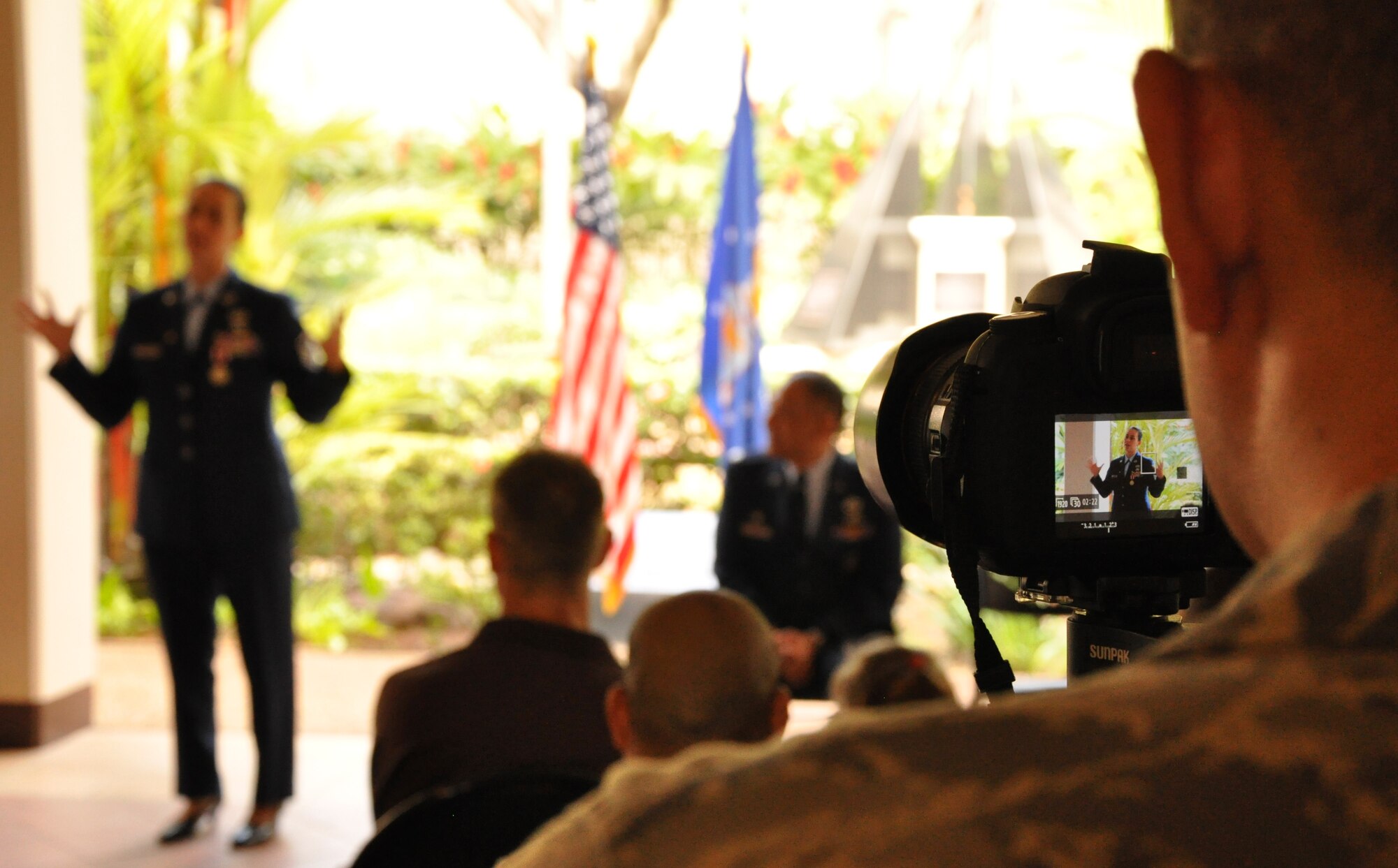 JOINT BASE PEARL HARBOR-HICKAM, Hawaii -- Master Sgt. Tammy Thompson gives her departing remarks at a retirement ceremony held in her honor July 7, 2012, at the Courtyard of Heroes at the Headquarters, Pacific Air Forces building here. Sergeant Thompson retires from the Air Force Reserve after twenty-four years of service. She began her career as a C-5 Galaxy Crew chief in 1988. In February 1995, she cross-trained to become a structural craftsman with the 704th Civil Engineer Squadron here, the present 624th CES. After a few years stint with the 477th CES, Elmendorf, Alaska, she returned to her home with the 624th CES to serve as a First Sergeant. She supported Operation Iraqi Freedom and was chosen as PACAF’s Outstanding First Sergeant of the Year in the Reserve category. (Air Force photo by Master Sgt. Daniel Nathaniel)