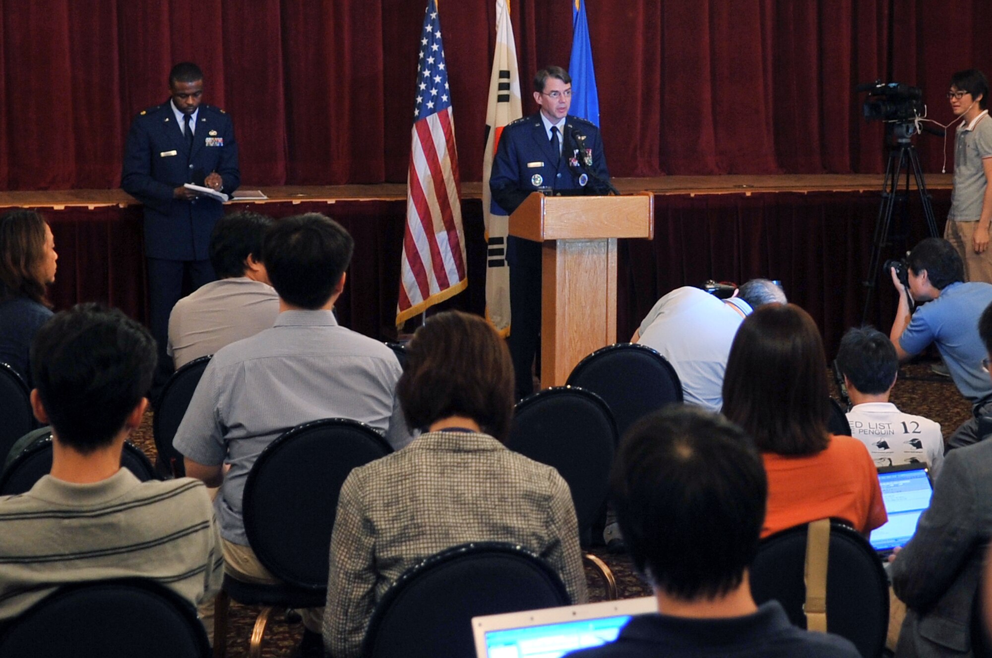 Lt. Gen. Jan-Marc Jouas, 7th Air Force commander and U.S. Forces Korea
deputy commander, holds a press conference at Osan Air Base, Republic of
Korea, July 8, 2012 regarding an incident between Osan Air Base's Town
Patrol and Korean citizens in the Songtan entertainment district.
Forty-three reporters from 17 Korean news agencies covered the event. (U.S.
Air Force photo by SSgt. Craig Cisek)
