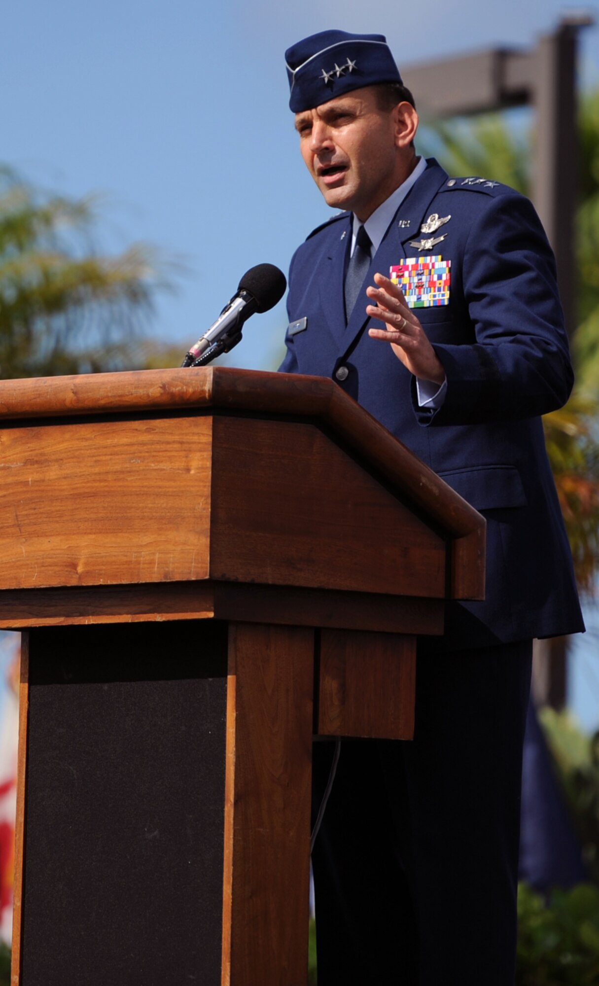 Lt. Gen. Ted Kresge, 13th Air Force commander, delivers a speech during the 15th Wing Change of Command ceremony July 6 at Joint Base Pearl Harbor-Hickam, Hawaii. During the ceremony, command of the 15th WG passed from Col. Sam Barrett to Col. Johnny Roscoe. (U.S. Air Force photo by Staff Sgt. Nathan Allen)