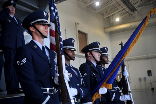 The Moody Air Force Base Honor Guard presents the colors during a change of command ceremony at Moody Air Force Base, Ga., July 6, 2012. During the ceremony the 23d Maintenance Group welcomed their new commander, U.S. Air Force Col. Jeffrey Decker. (U.S. Air Force photo by Airman 1st Class Douglas Ellis/Released)
