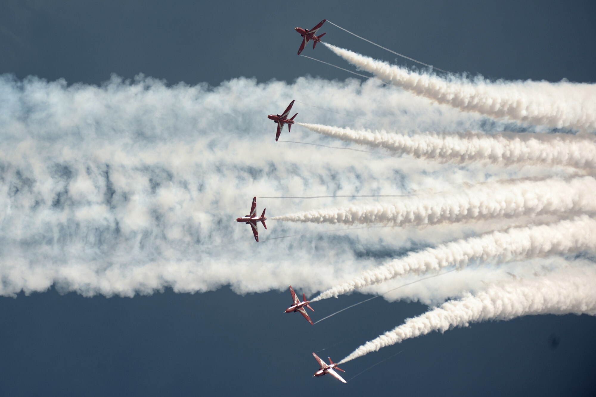 RAF FAIRFORD, United Kingdom - The Royal Air Force Red Arrows perform during the Royal International Air Tattoo here July 8. More than 130,000 people attended the tattoo. (U.S. Air Force photo by Master Sgt. John Barton)